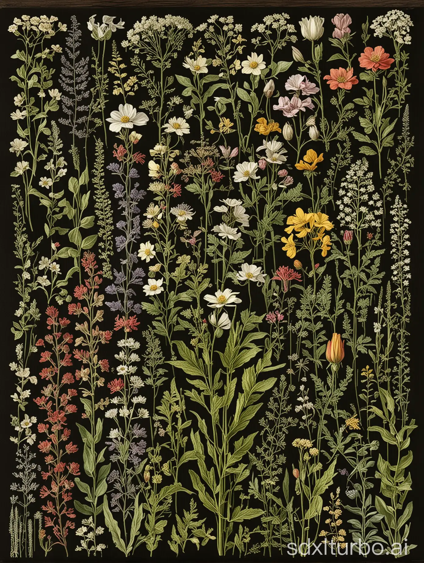 Botanical herbarium poster of wildflowers, hyper detailed