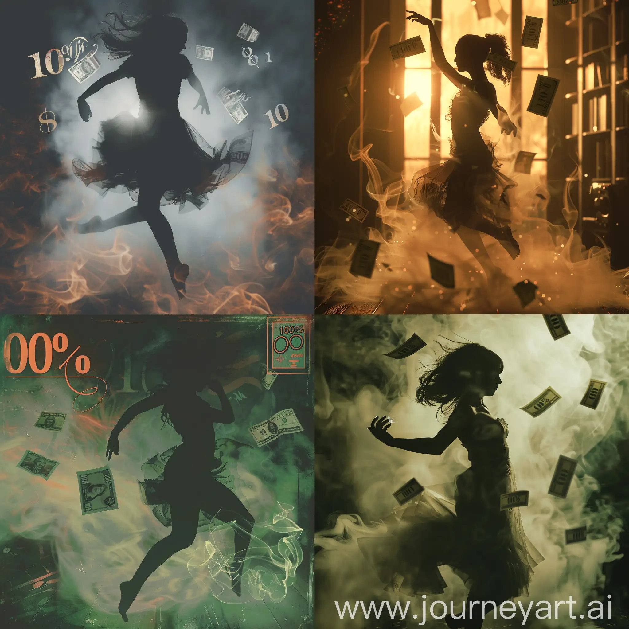 Обложка для трека, расслабляющая музыка, силуэт девушки которая танцует в дыму, вокруг также летят 100% купюры