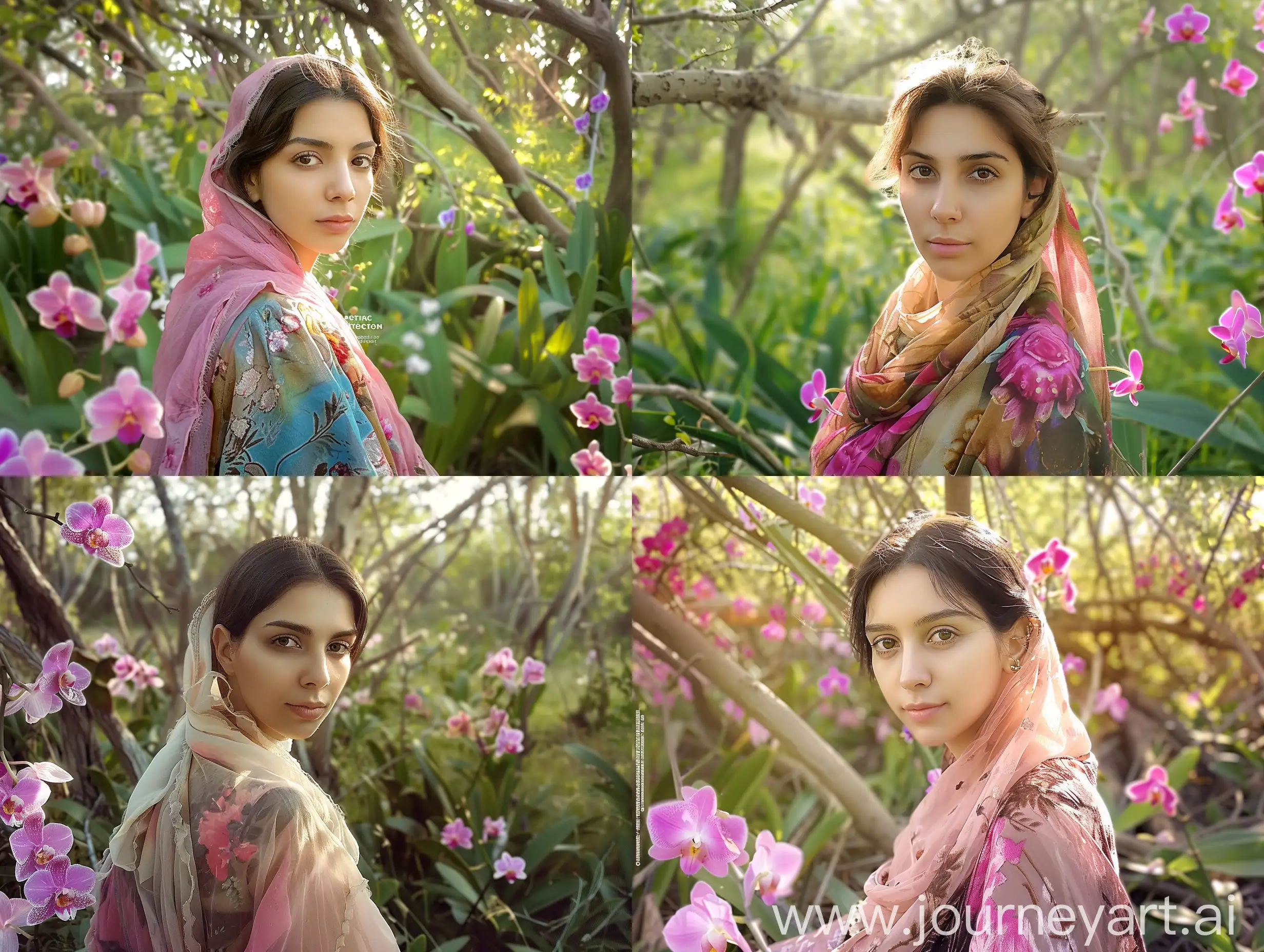 A real photo of a girl with beautiful clothes in the field of orchid flowers