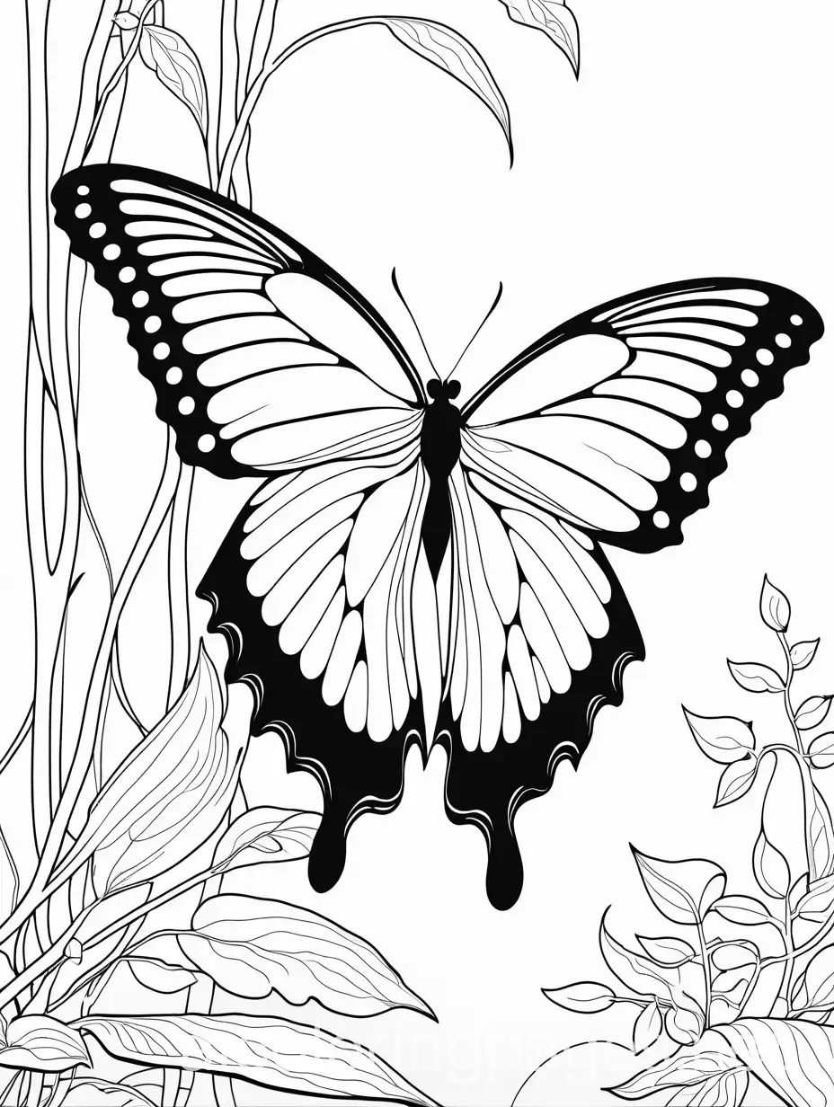 A bluemorpho butterfly  with wide wings, gliding through the forest., Coloring Page, black and white, line art, white background, Simplicity, Ample White Space. The background of the coloring page is plain white to make it easy for young children to color within the lines. The outlines of all the subjects are easy to distinguish, making it simple for kids to color without too much difficulty