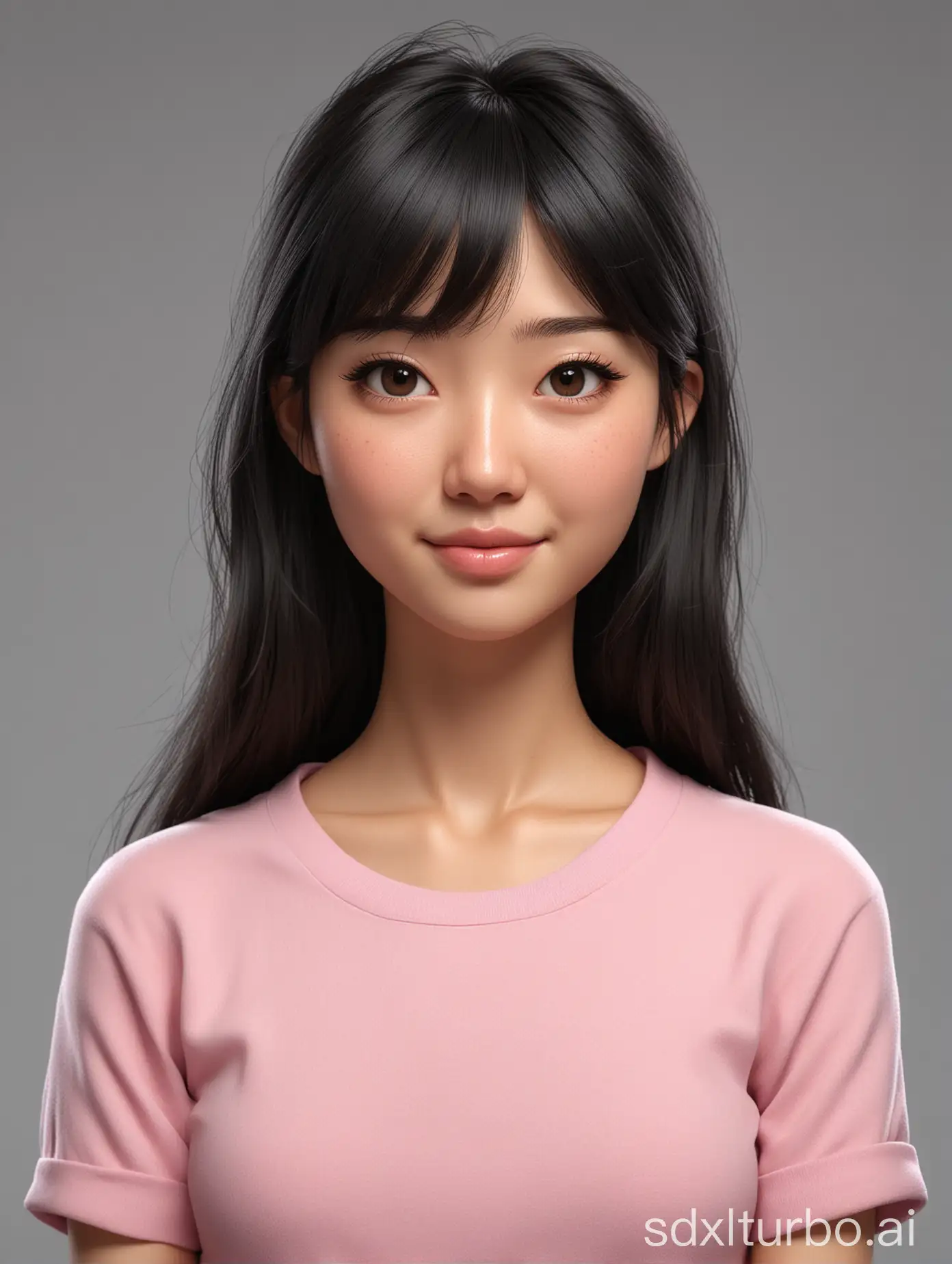 Create a full 3D cartoon style half body with a big head. A 25 year old Japanese woman. Ideal height, oval face shape. beautiful, sharp nose, clean white skin, thin sweet smile. Long black hair, slightly wavy, thin bangs with shaggy layers. Wearing a pink shirt. The body position is clearly visible, arms crossed. The background is solid white. Use soft photography lighting, hair lighting, top lighting, side lighting. Medium shot, highest quality photo, Uhd, 16k