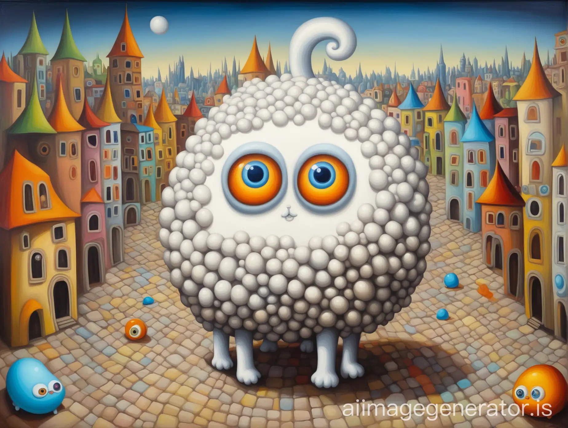 A surreal oil painting on canvas in the style of an unknown avant-garde artist of the Renaissance, a strange and previously unknown creature Buba looks like a cute white shaggy lump with legs and arms, Buba has big beautiful eyes and she is very kind, Buba shoots an interesting report about life In the caramel city, bright colors