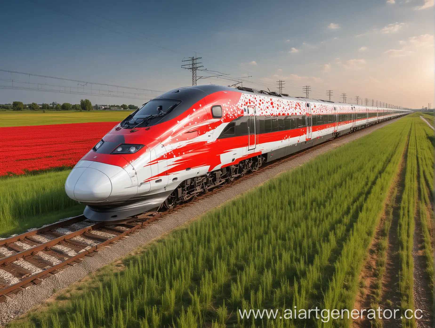 Red-Star-Pattern-HighSpeed-Train-Racing-Across-Beautiful-Field