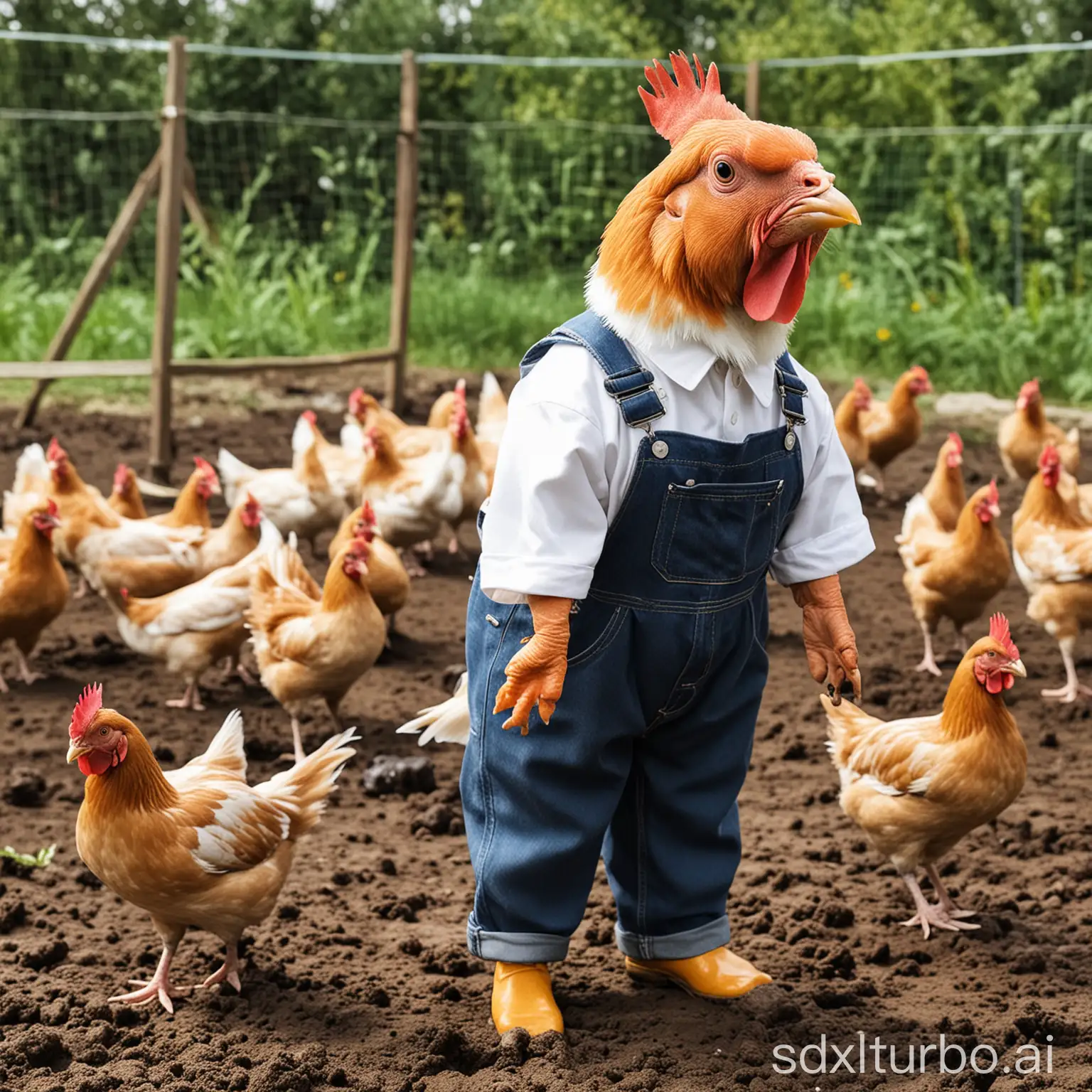 Fish wearing overalls feed chickens
