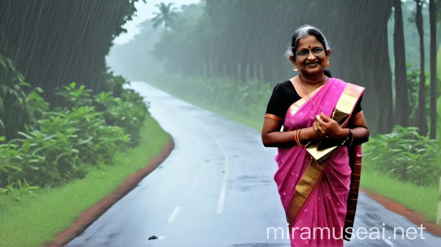 a indian mature   very  fat housewife school teacher woman having big stomach age 63 years old vintage  looks with make up on face ,binding her high volume hairs, Gajra Bun Hairstyle . wearing metal anklet on feet and high heels ,   . she is happy and smiling. she is wearing  neck lace in her neck , earrings in ears, a power spectacles  on her eyes and wearing wet pink cotton saree and a half black blouse  on her body. she is putting saree on her fore head ,she has a vanity bag on her shoulders. she is standing  on a lonely forest high way enjoying the rain  showing hand for lift ,  and its day time . its raining very heavy . she is standing near a car. she is fully wet. its night time.
she is showing her hand for lift.
