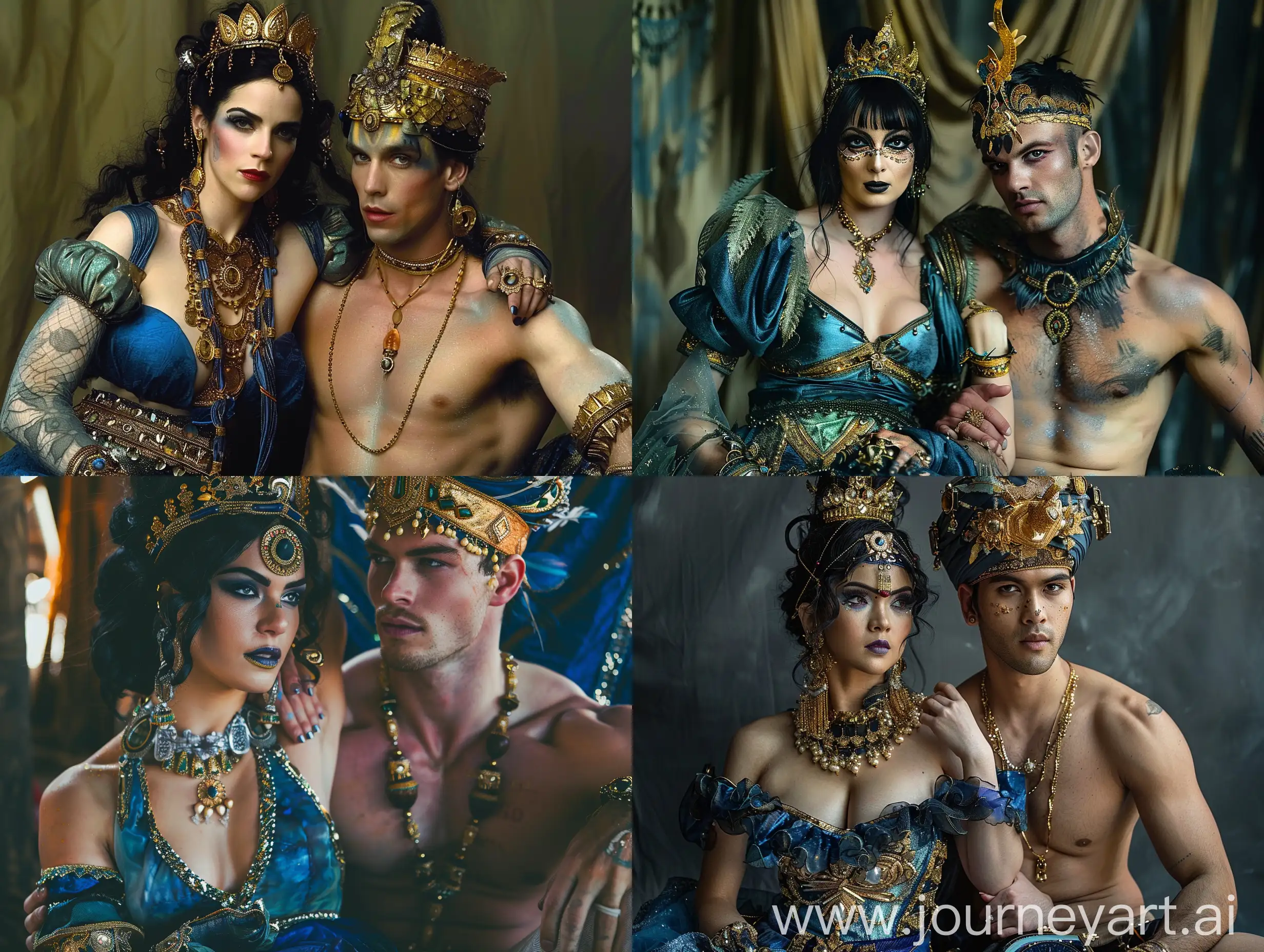cinematic, A man and woman in ornate costumes sit together. The woman had black hair and wore a blue dress with gold accents and a crown. The man is shirtless and has a headdress with gold details. They both had elaborate jewelry and makeup.