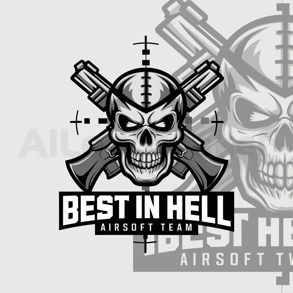 a logo design,with the text "best in hell airsoft team", main symbol:weapon skull war,complex,clear background