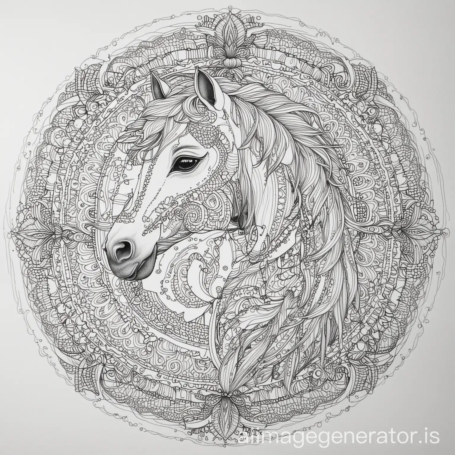 coloring page for adult, mandala, Colt image, white background, fine line art, aspect ratio 2:3