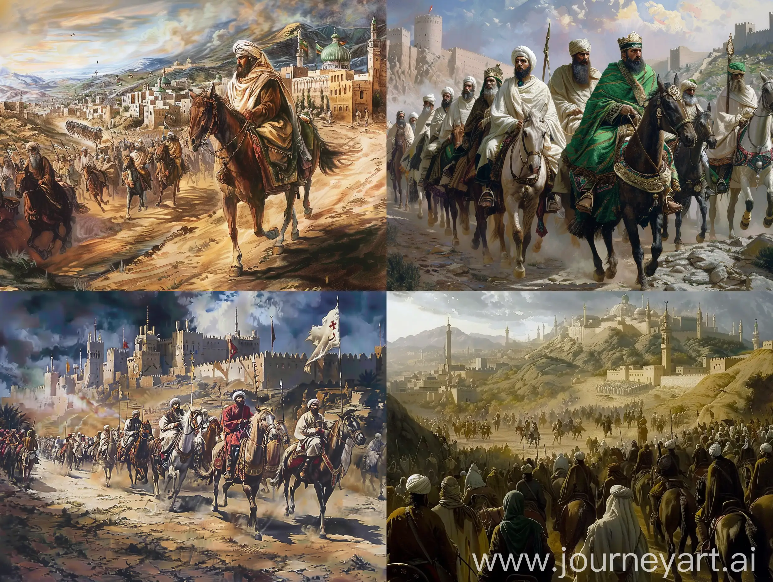 High quality. Prophet Muhammad's migration from Mecca to Medina led to an increase in the political and military power of Islam. During the Medinan period, Muslims fought many wars for both defense and conquest. The battles of Badr, Uhud and Trench are among the important military conflicts of this period. The Four Caliph period draws attention with the spread of Islam beyond the Arabian Peninsula to a wide geography such as Syria, Iraq, Egypt and Iran. These conquests enabled Islam to grow rapidly and become influential in a wide area.