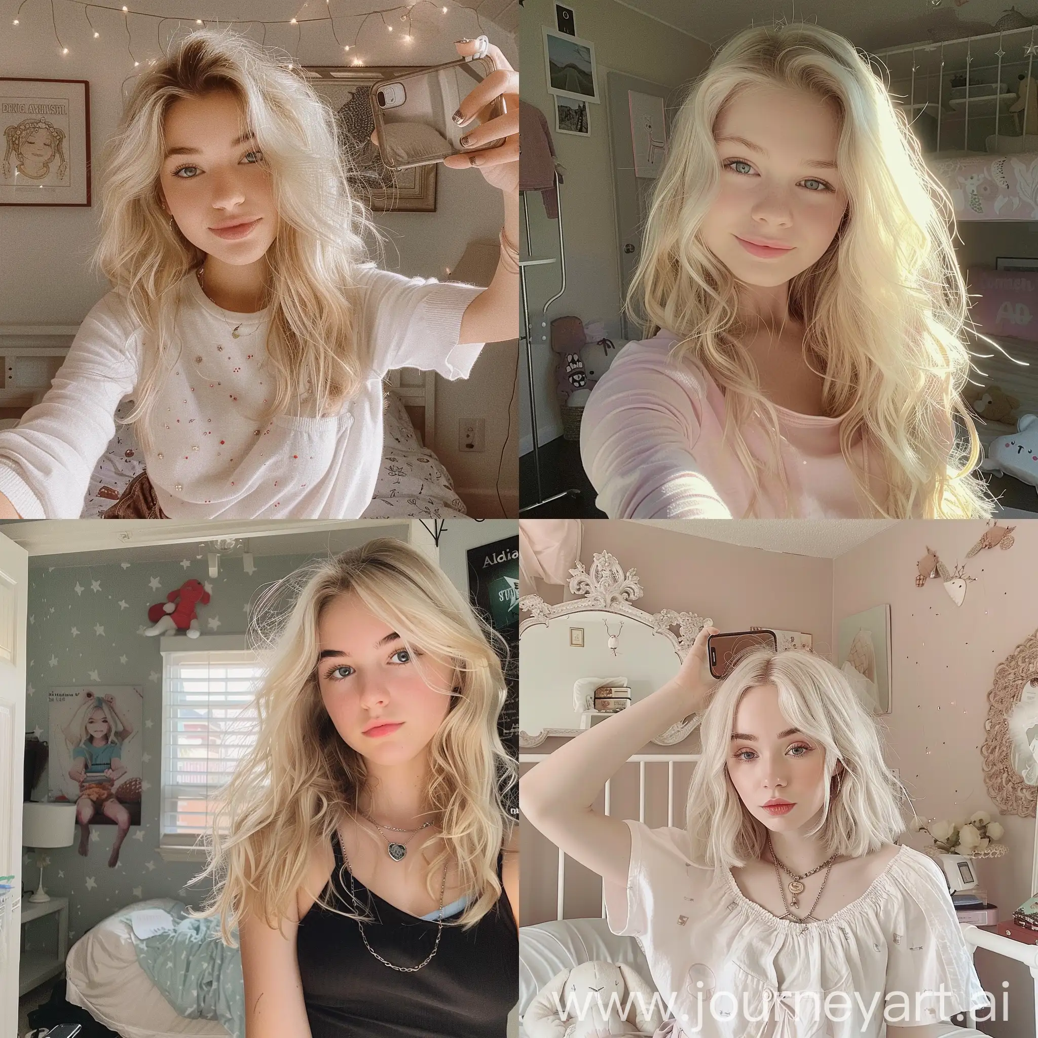 Adorable Blonde Teenager Capturing Stylish Selfie in Her Room