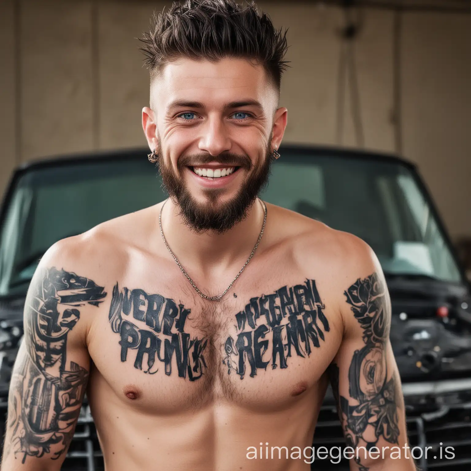 handsome punker dude with tattoos and very long hear. short beard car mechanic shirtless smiling blue eyes
