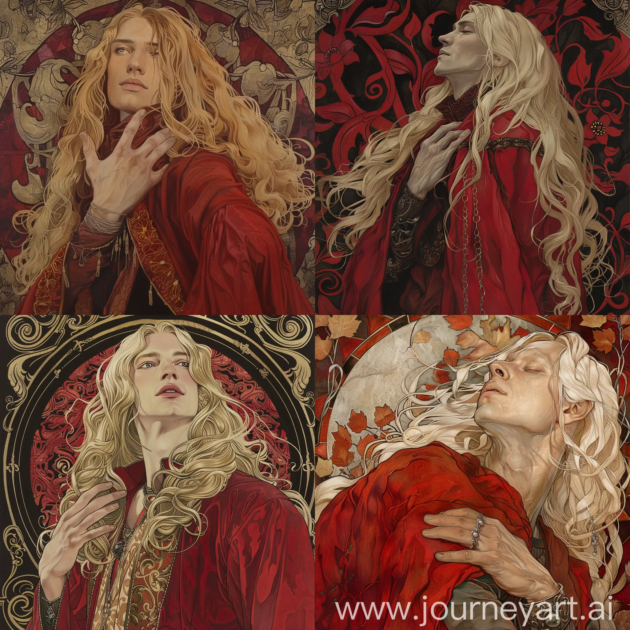 Man with long blonde hair, in the red mantle, silver hand, art nouveau