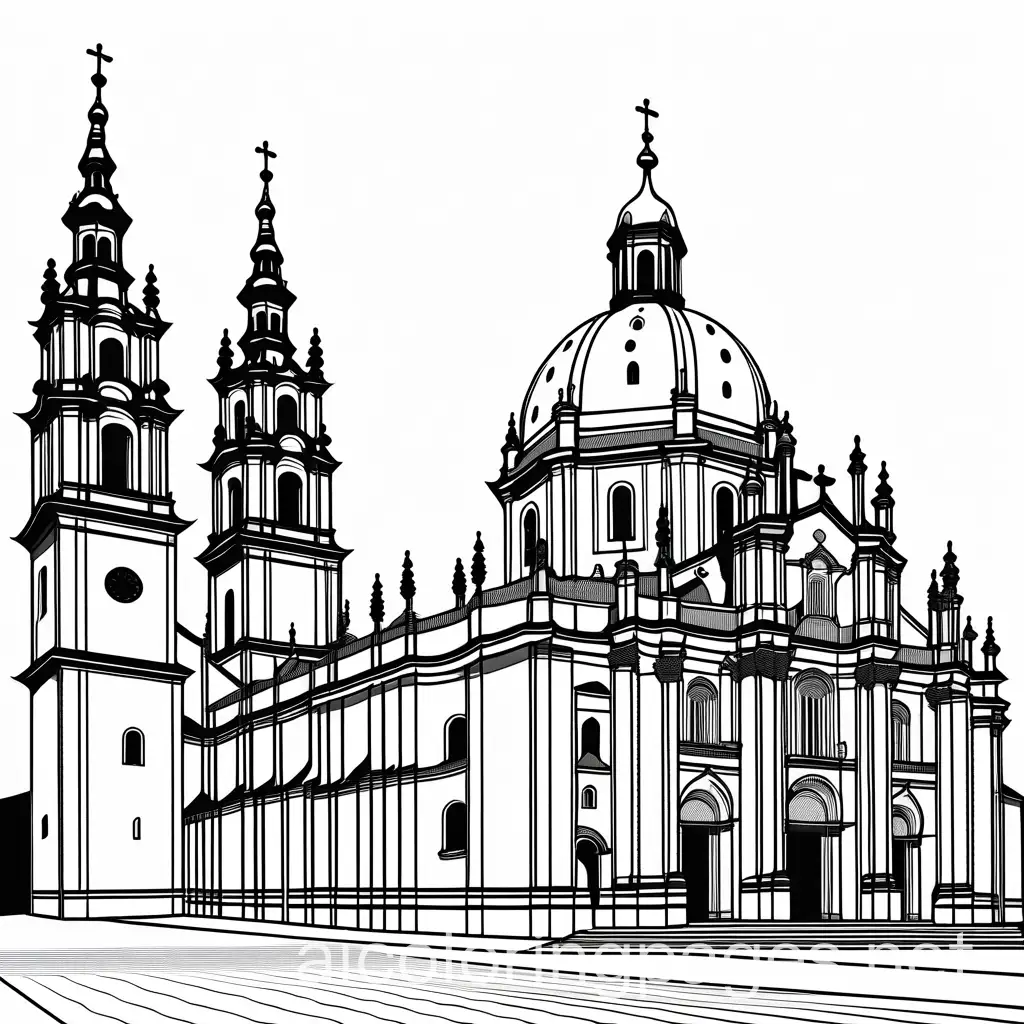 create a coloring page of Cathedral of Santiago de Compostela in Spain, Coloring Page, black and white, line art, white background, Simplicity, Ample White Space. The background of the coloring page is plain white to make it easy for young children to color within the lines. The outlines of all the subjects are easy to distinguish, making it simple for kids to color without too much difficulty