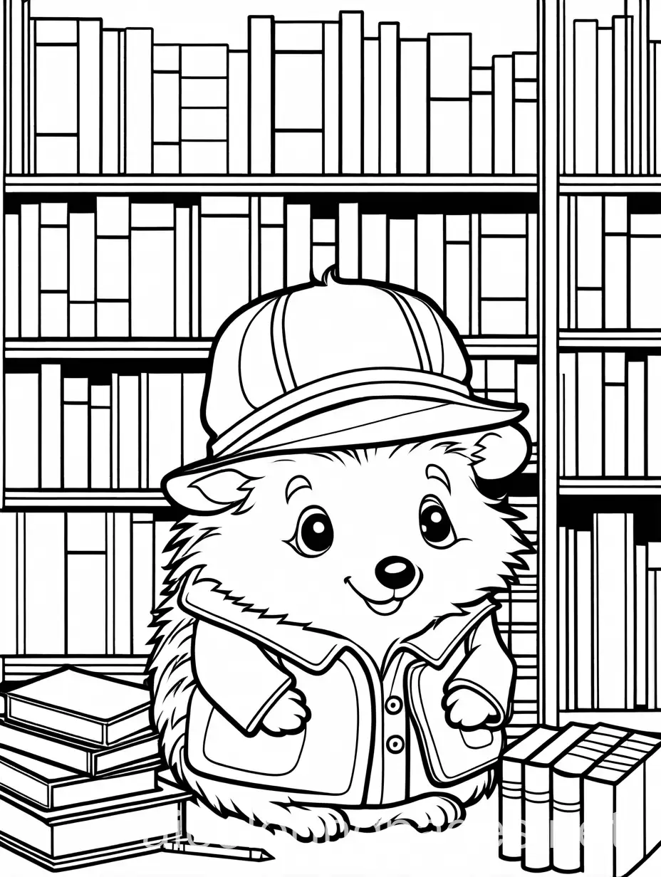 Children's colouring page of an adorable hedgehog detective dressed like Sherlock Holmes, large eyes and wearing  a deerstalker cap. The hedgehog is sitting in a cosy library surrounded by a tall s5ack of books. Black and white, line art, 2d flat illustration, vector, thick black lines, white background, simplicity, no detail, ample white space. The outline of the subjects are easy to distinguish making it easy for a child to colour in., Coloring Page, black and white, line art, white background, Simplicity, Ample White Space. The background of the coloring page is plain white to make it easy for young children to color within the lines. The outlines of all the subjects are easy to distinguish, making it simple for kids to color without too much difficulty