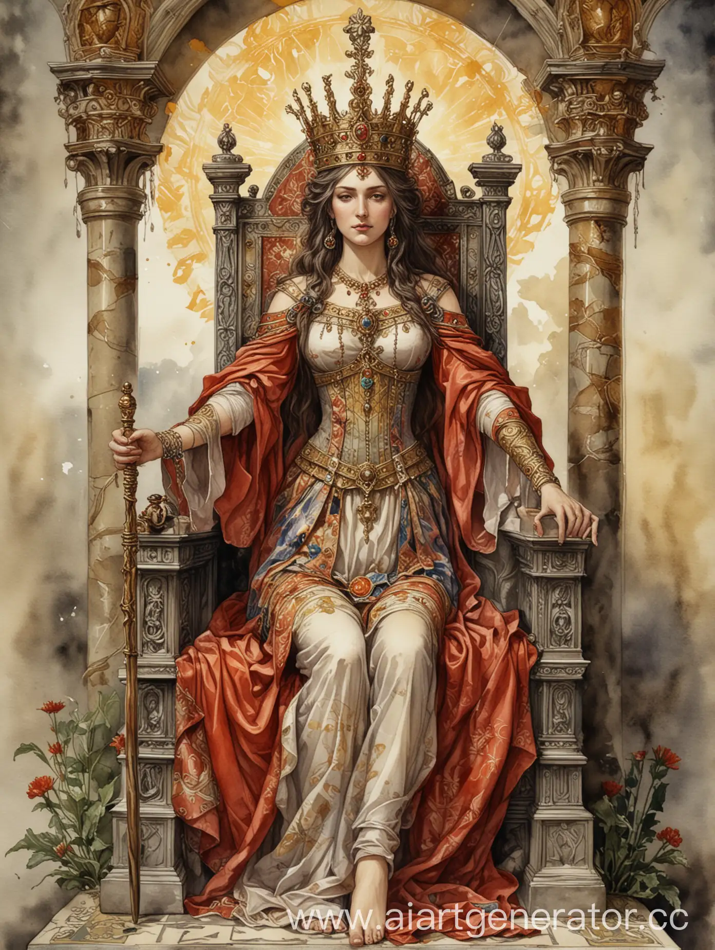 карта Таро: Аркан Императрица, акварель с максимальной детализацией; властная, сидит на троне, в руке подняла скипетр, сексуальная красавица 45 лет