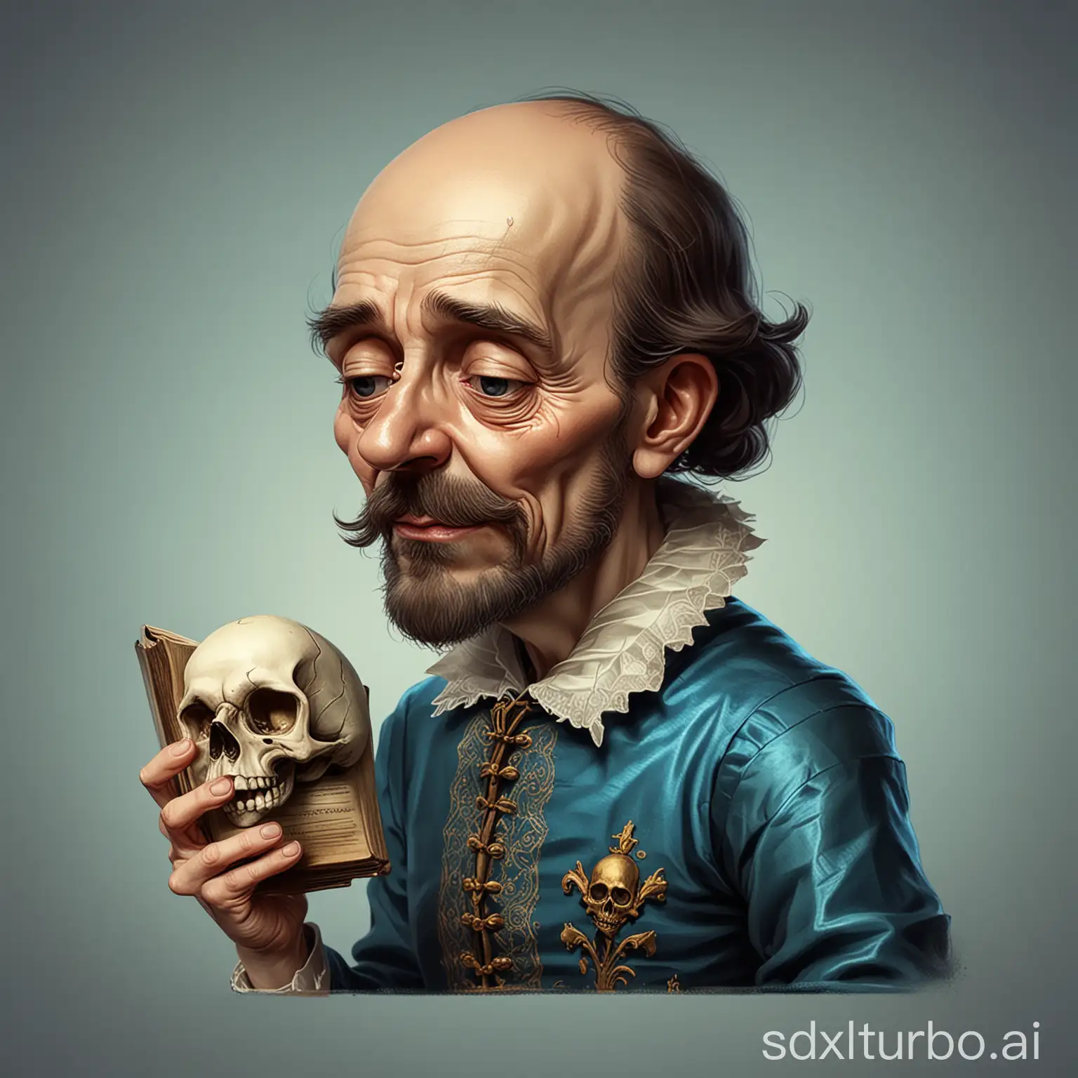 Caricature of William Shakespeare holding a book and skull in the style of cartoonish caricatures, with blue, dark white and light amber colors, featuring simple, colorful illustrations in a high resolution image, he's upset, he's crying