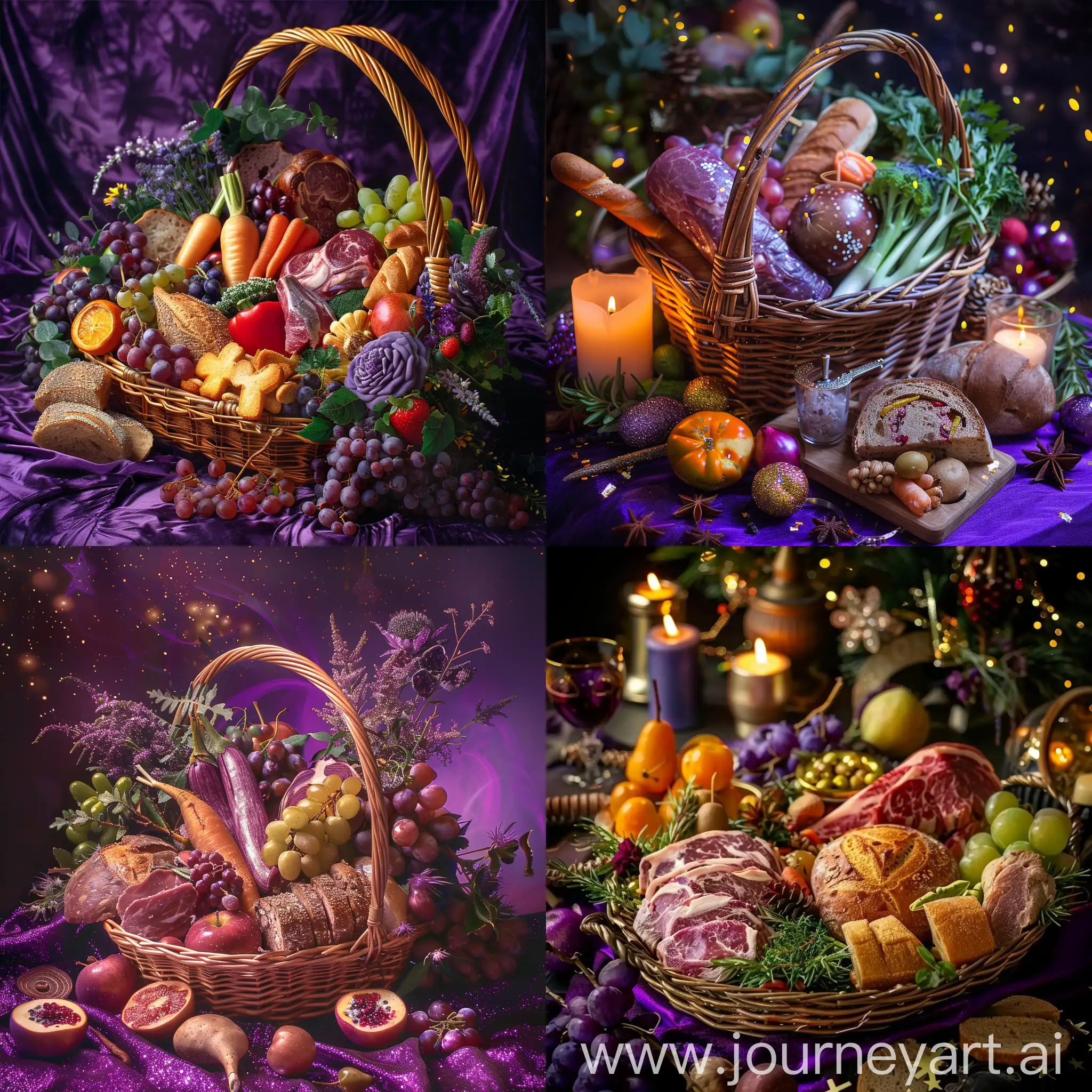 With the purple theme, create a magical golden, beautiful, and sparkling mystery food basket with meat, bread, vegetables, and fruit inside.