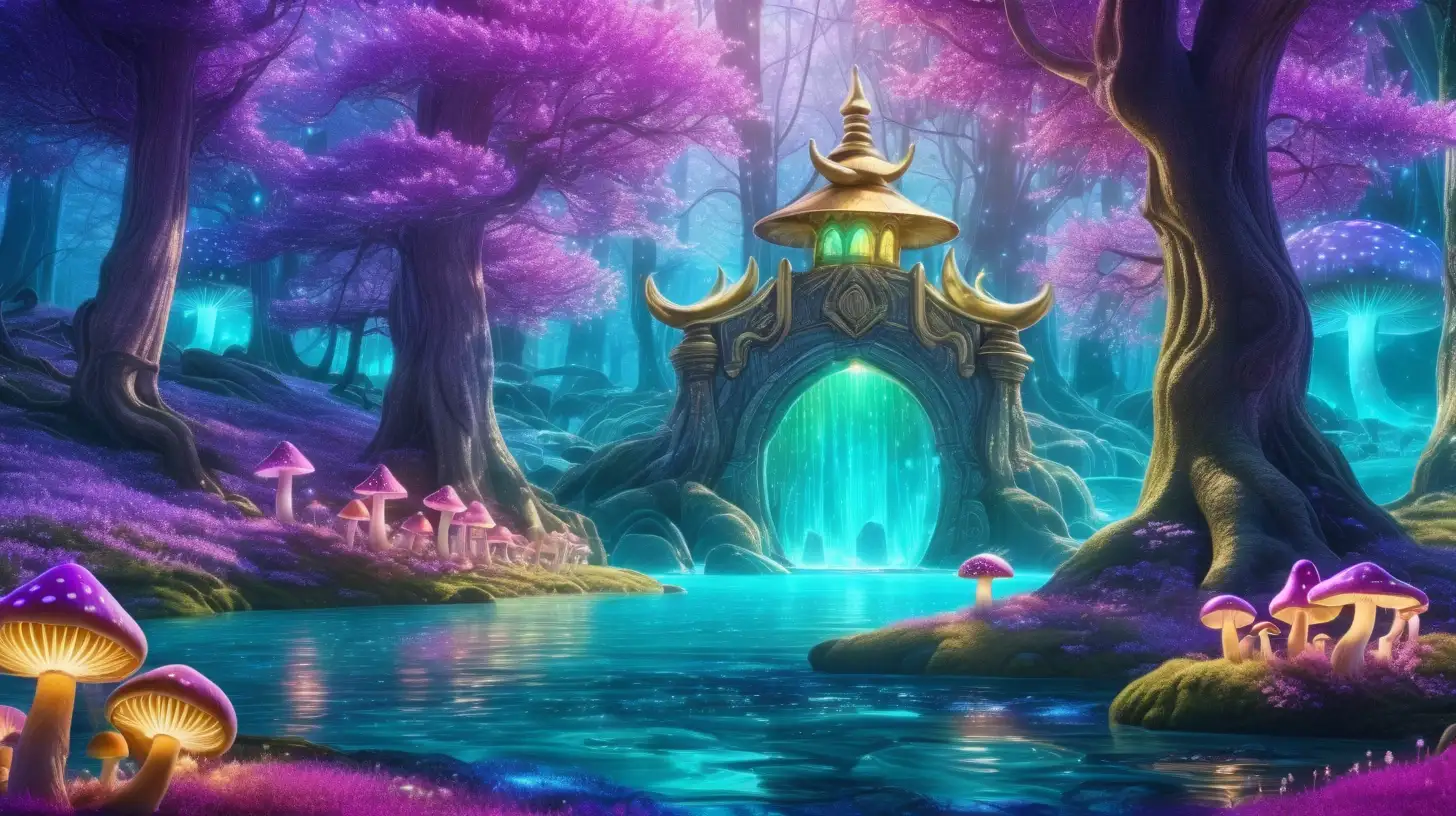 Florescent water portal in a Forest of Bright royal-green and blue big, flower trees, purple, pink. Bright-purple-river. Daylight, 8k, fairytale mushrooms, glowing. Magical, fantasy and potions and golden vintage lanterns. Mushroom-lanterns.