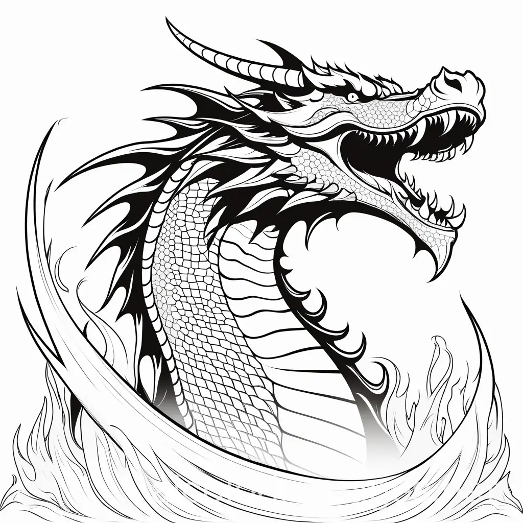 Drache mit Drachenrüstung with many points and fire spits., Coloring Page, black and white, line art, white background, Simplicity, Ample White Space