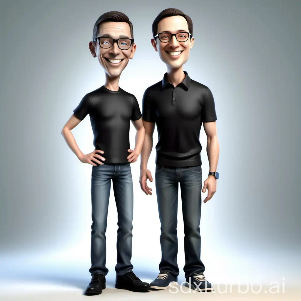 Realistic 3d caricature. family photo consisting of father and a 10 year old son. Tall man, thin body, oval face, big smile, handsome, white skin, glasses, wearing a black collared t-shirt that says 'SHIDQIS'. using photographic lighting. photos with clear details