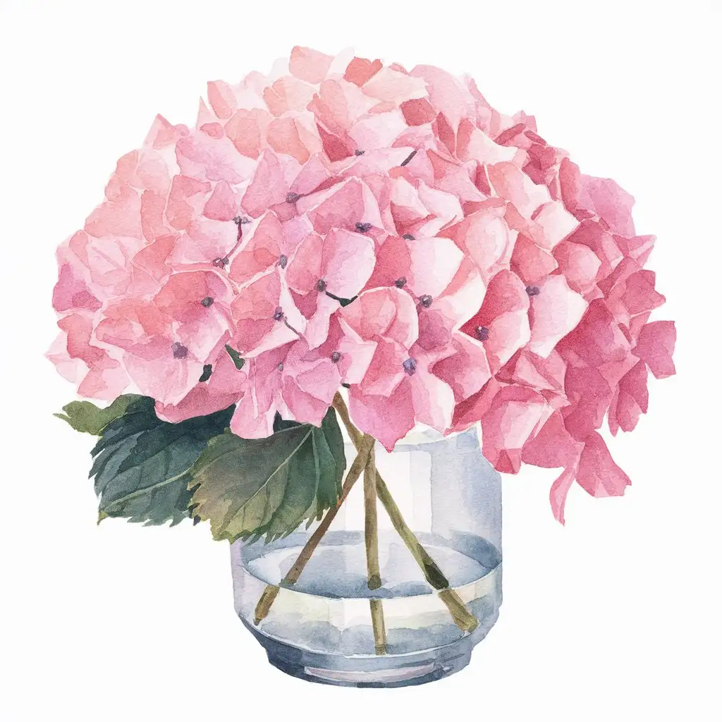 Watercolor Pink Hydrangea Painting Delicate Flowers in Vase Artwork