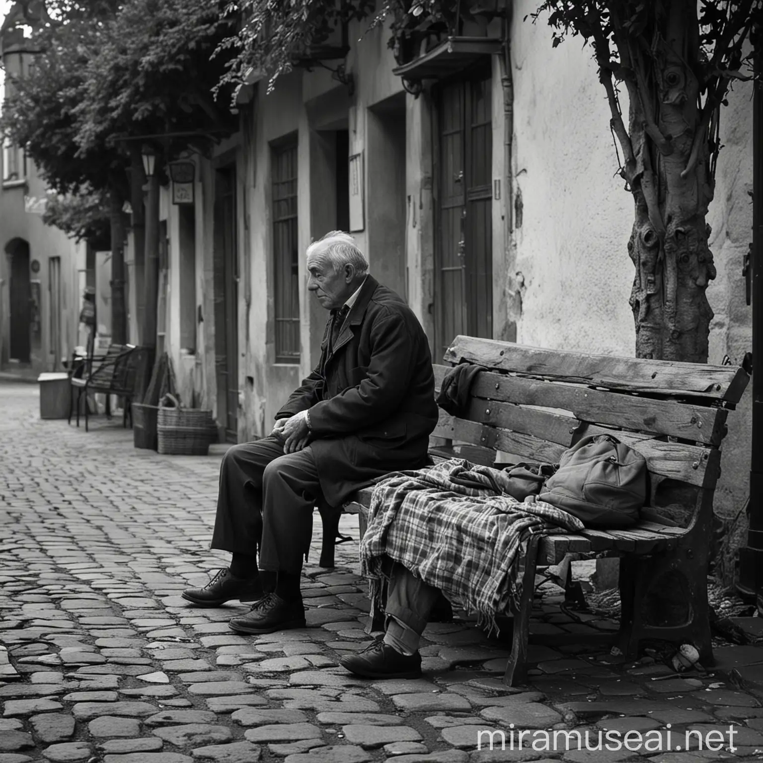 Village Square Old Man on Bench in Colorful Scene with Nostalgic Touch