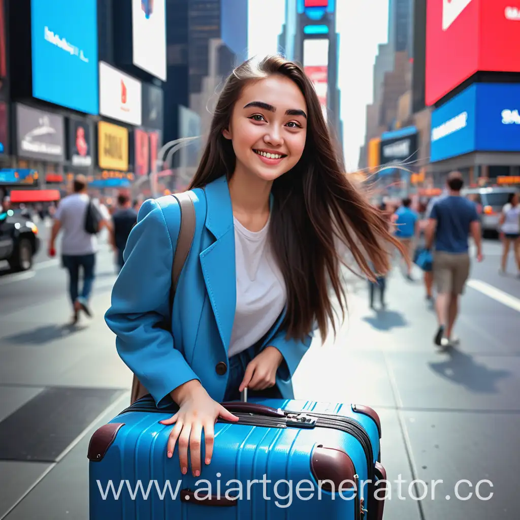 Kazakh-Girl-Smiling-with-Blue-Suitcase-at-Times-Square-New-York