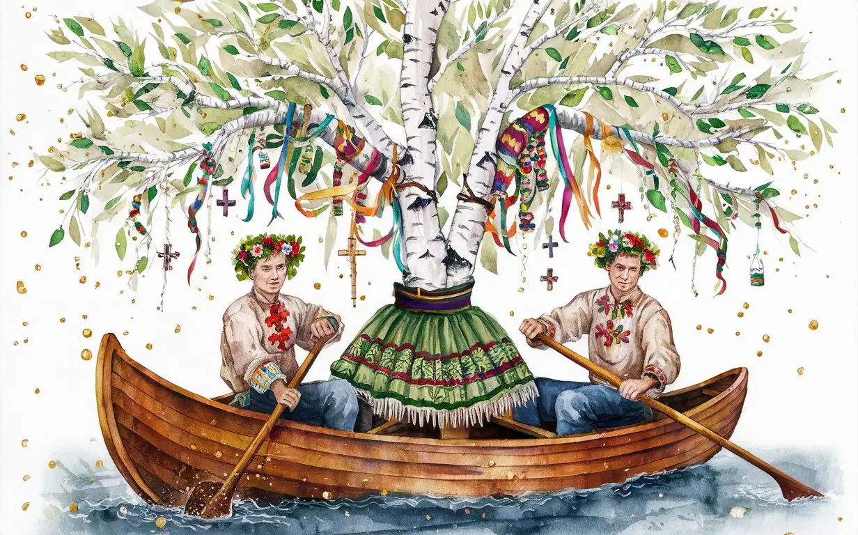 round shape logo with midsummer day aesthetics, a cut down young white birch tree in a boat in the middle of the river, with delicate green leaves and colored ribbons and beads and crosses hanging on the branches, birch tree is dressed up in a folk skirt and a Russian shawl, two young men wearing linen folk shirts are rowing a boat and singing, wearing flower wreaths, slavic celebration,  aquarelle style, magical, golden pigment, watercolor drawing