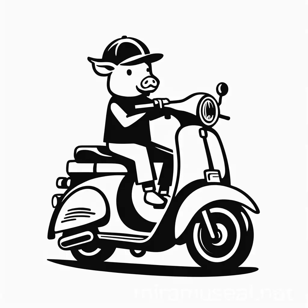 stylized black and white logo of a cool pig with a cap on a moped, seen from the side