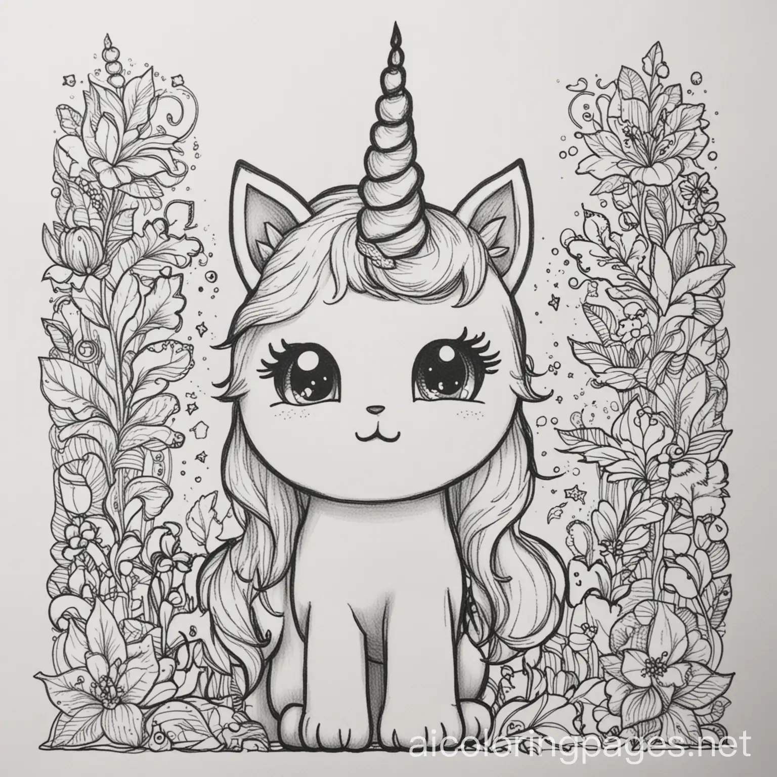 kitty unicorn  5th birthday party , Coloring Page, black and white, line art, white background, Simplicity, Ample White Space