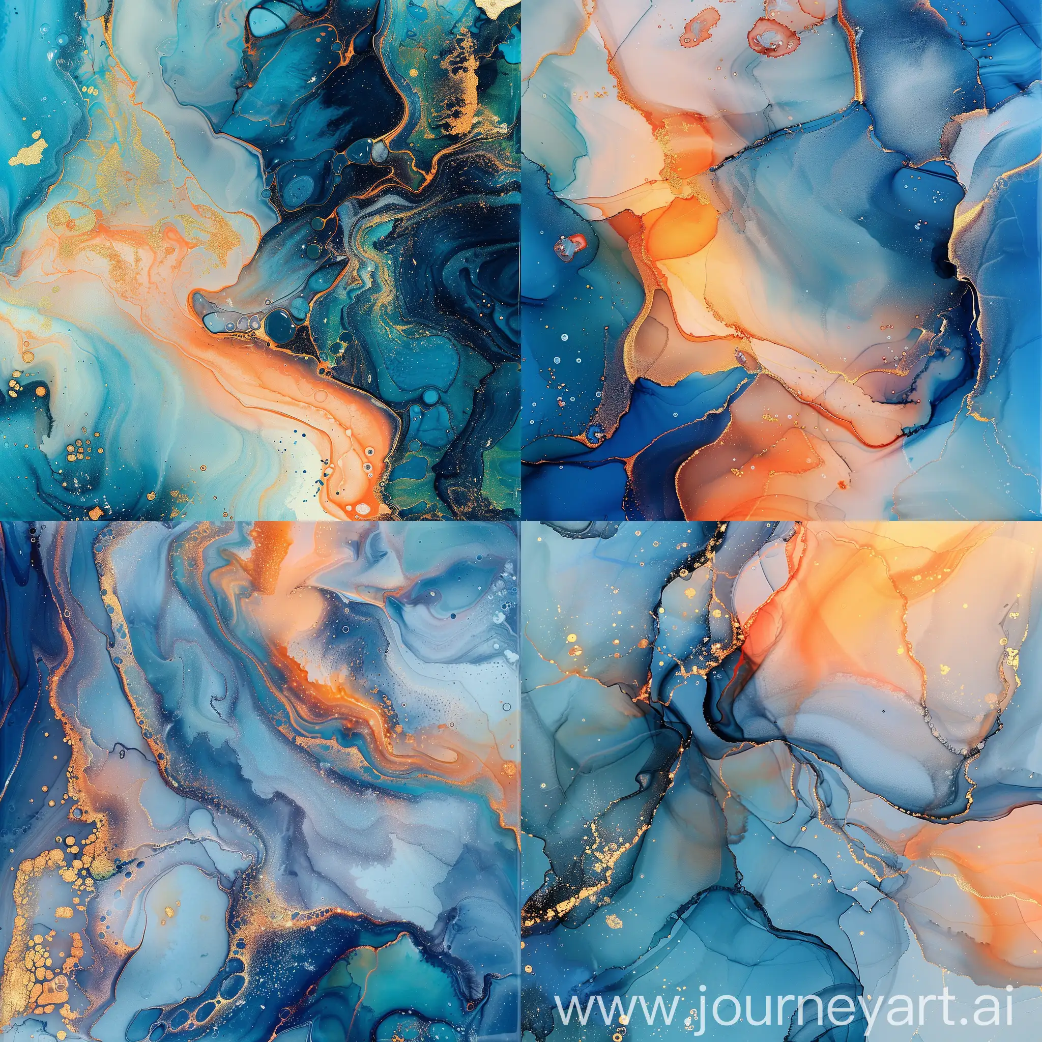Marble ink abstract art background. Luxury abstract fluid art painting in alcohol ink technique, mixture of blue, orange and gold paints
