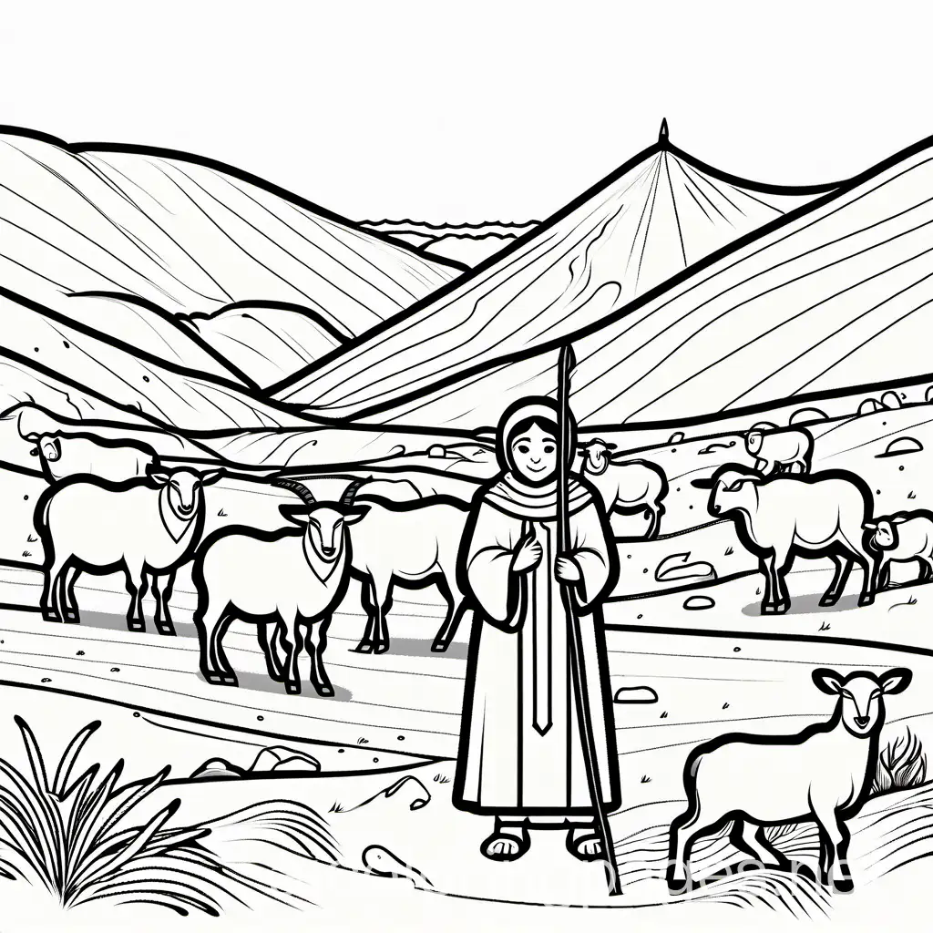 Bible story, A young boy wearing sandals and a long line coat in a desert, holding a shepherd staff, with a tipi tent in the background, sheep, lamb, goat, colouring page, black and white, line art, white background, simplicity., Coloring Page, black and white, line art, white background, Simplicity, Ample White Space. The background of the coloring page is plain white to make it easy for young children to color within the lines. The outlines of all the subjects are easy to distinguish, making it simple for kids to color without too much difficulty