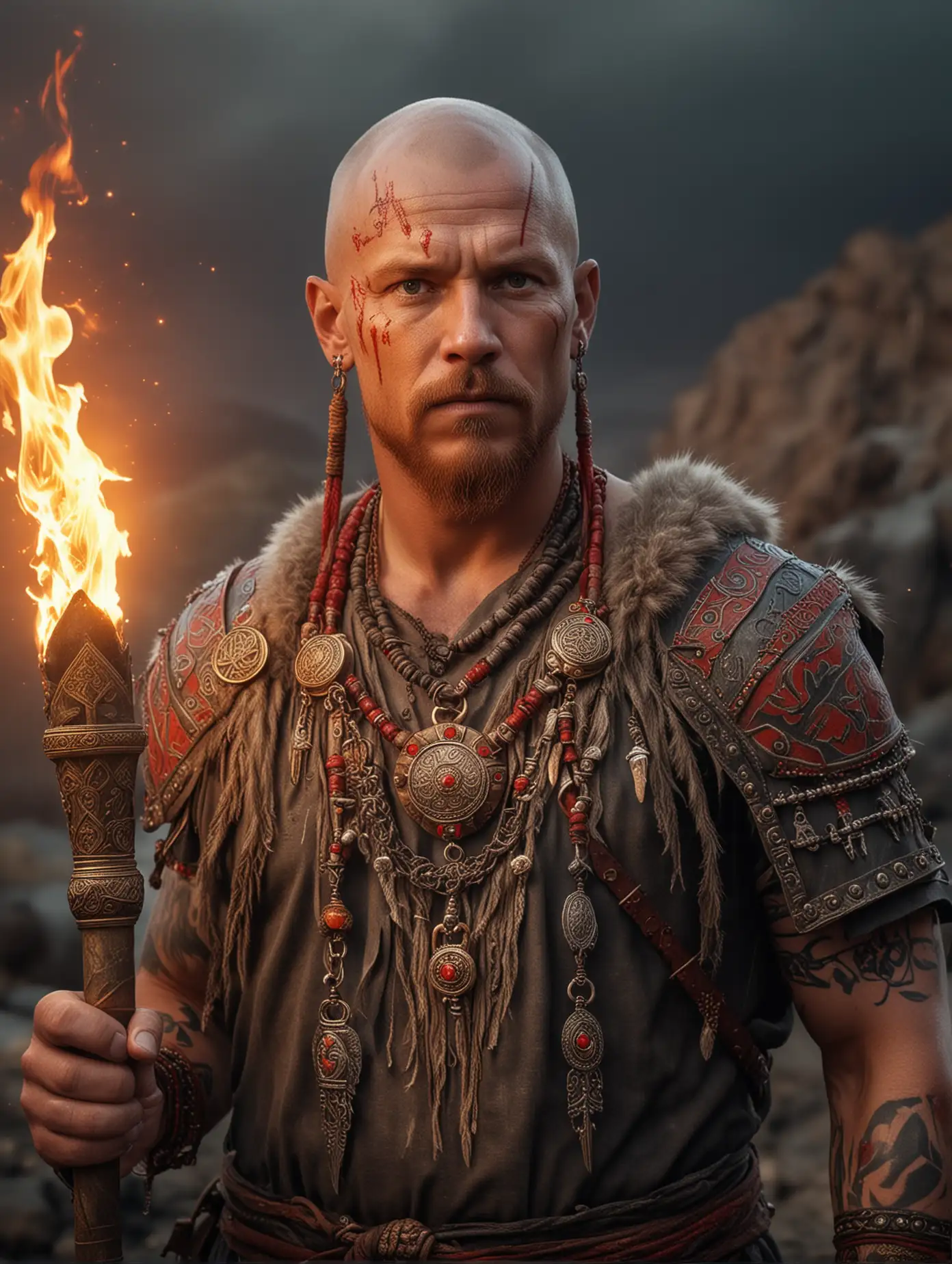 A portrait of an eerie tough viking bald male shaman holding a torch, with red tattoos, wearing a bronze, gray and red tunic, adorned with red and orange gems, many golden mystical signs : 1. | necklace of chili peppers : 1. | Smith workshop in the back : 1. | Very detailed, sunset, nordic atmosphere : 1. | Highly detailed,high precision,focus on textures, hyperrealistic : 1.