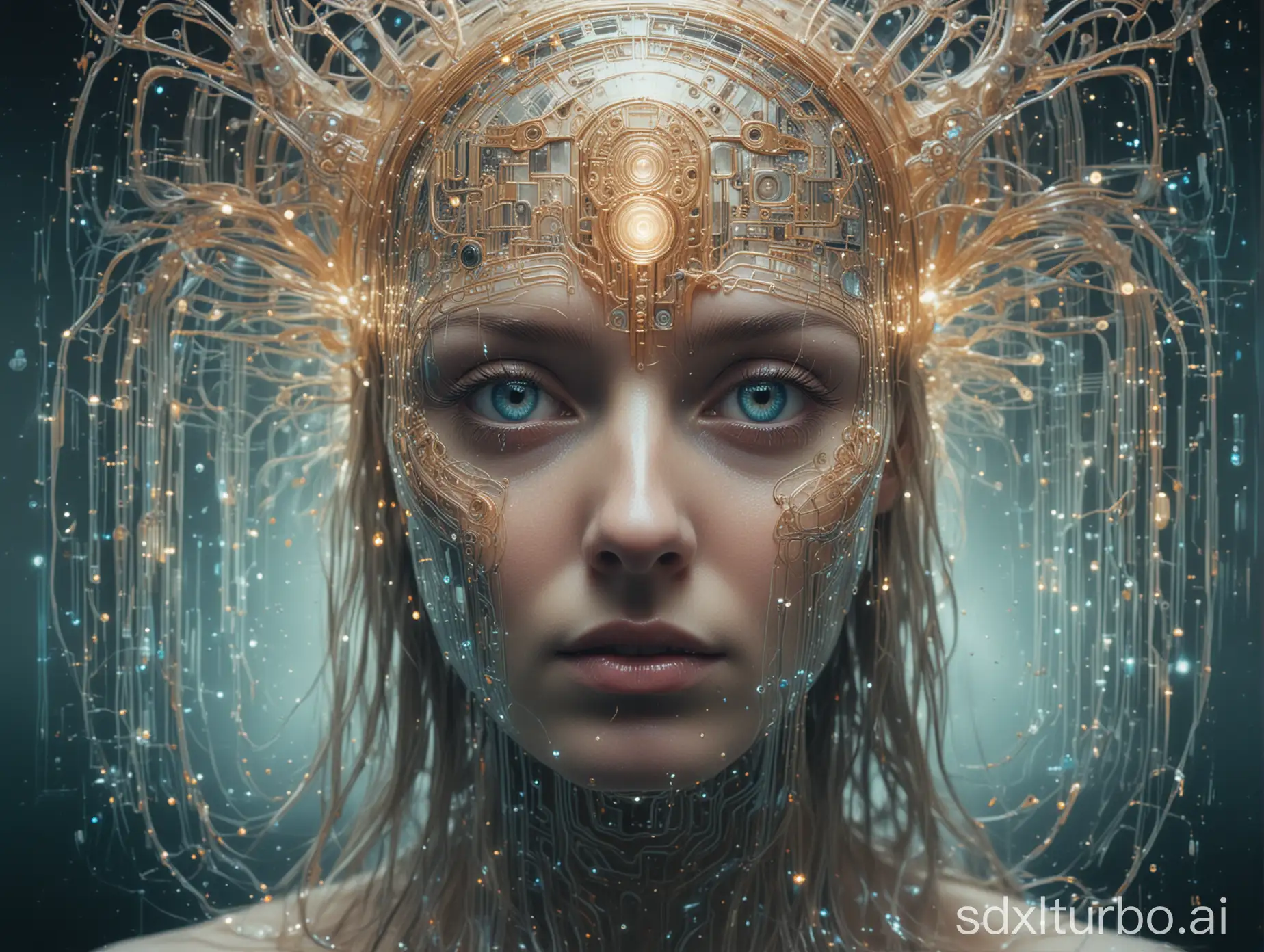 A polished bioluminescent AI deity gazes from a polaroid photograph, its metallic surface shimmering with ethereal light. This mesmerizing digital painting captures intricate circuits and captivating luminescent eyes, evoking a sense of technological divinity and celestial beauty. A high-resolution masterpiece that captivates with its enigmatic presence.