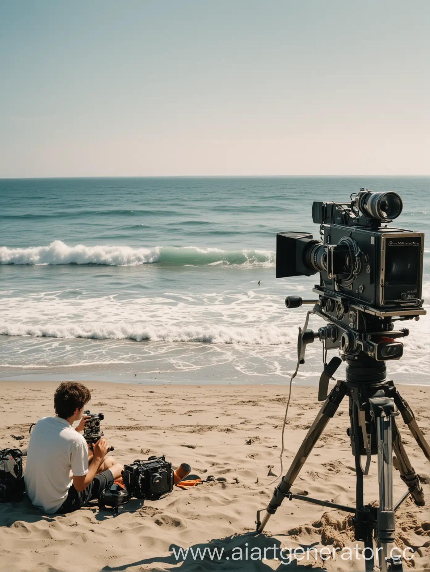 Film-Crew-Capturing-Seaside-Scene-with-Movie-Camera