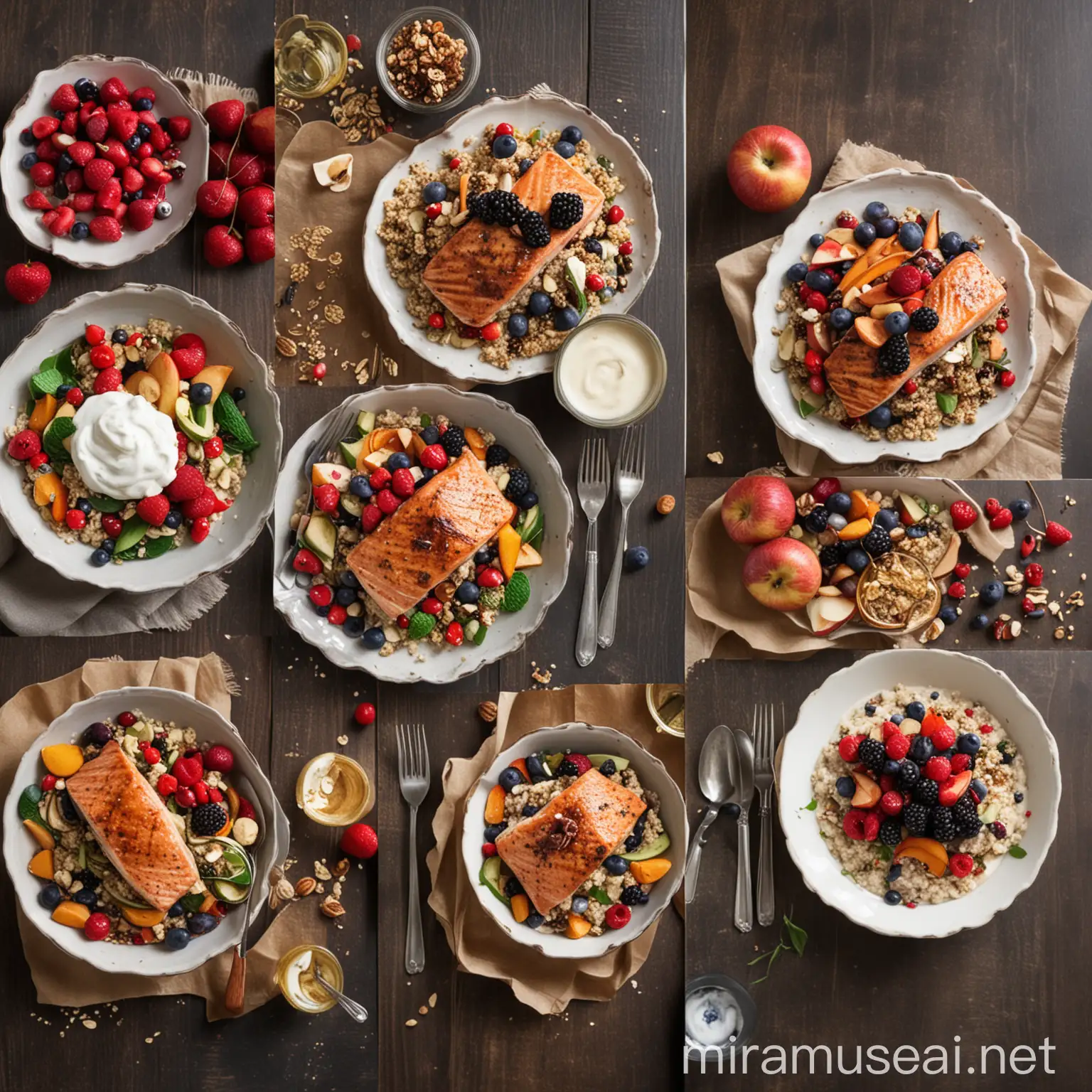 Photos of each meal: oatmeal with berries, quinoa salad, grilled salmon with vegetables, Greek yogurt with honey and nuts, baked apples with cinnamon.