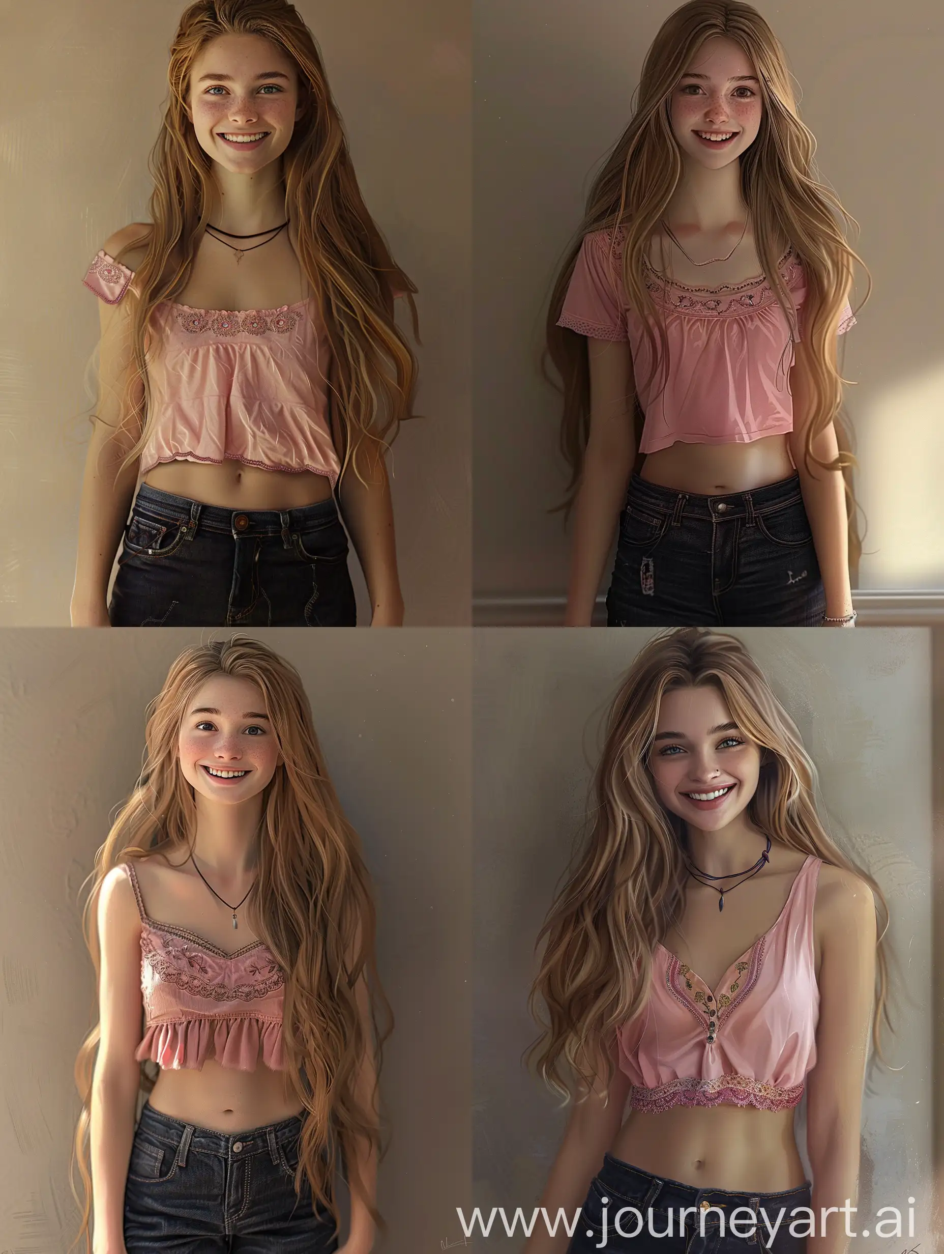 Create an image of a young woman with long, blonde hair and fair skin, smilling, reflecting a natural and confident look. She should have expressive eyes, delicate features, and an overall vibrant presence. She wears a pink top with intricate embroidery around the neckline, paired with dark jeans, emphasizing a casual yet stylish appearance. The background should be simple, with a neutral wall to keep the focus on the character. The lighting should be soft and natural, highlighting her features and the details of her outfit. Ensure the overall look is realistic and lifelike.