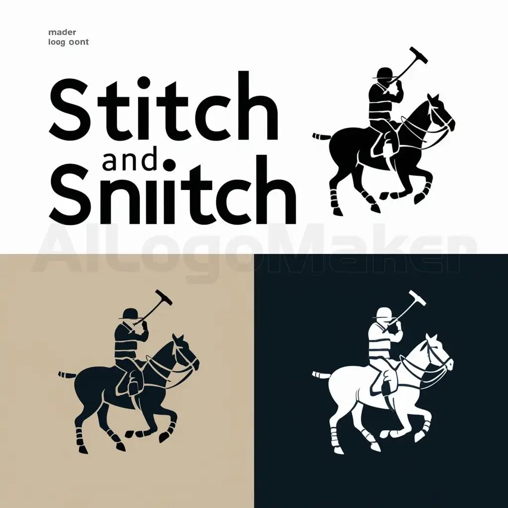 a logo design,with the text "Stitch and Snitch", main symbol:A stitched emblem in the shape of a polo player on horseback. The emblem can be detailed or more minimalist depending on your preference.,Moderate,clear background