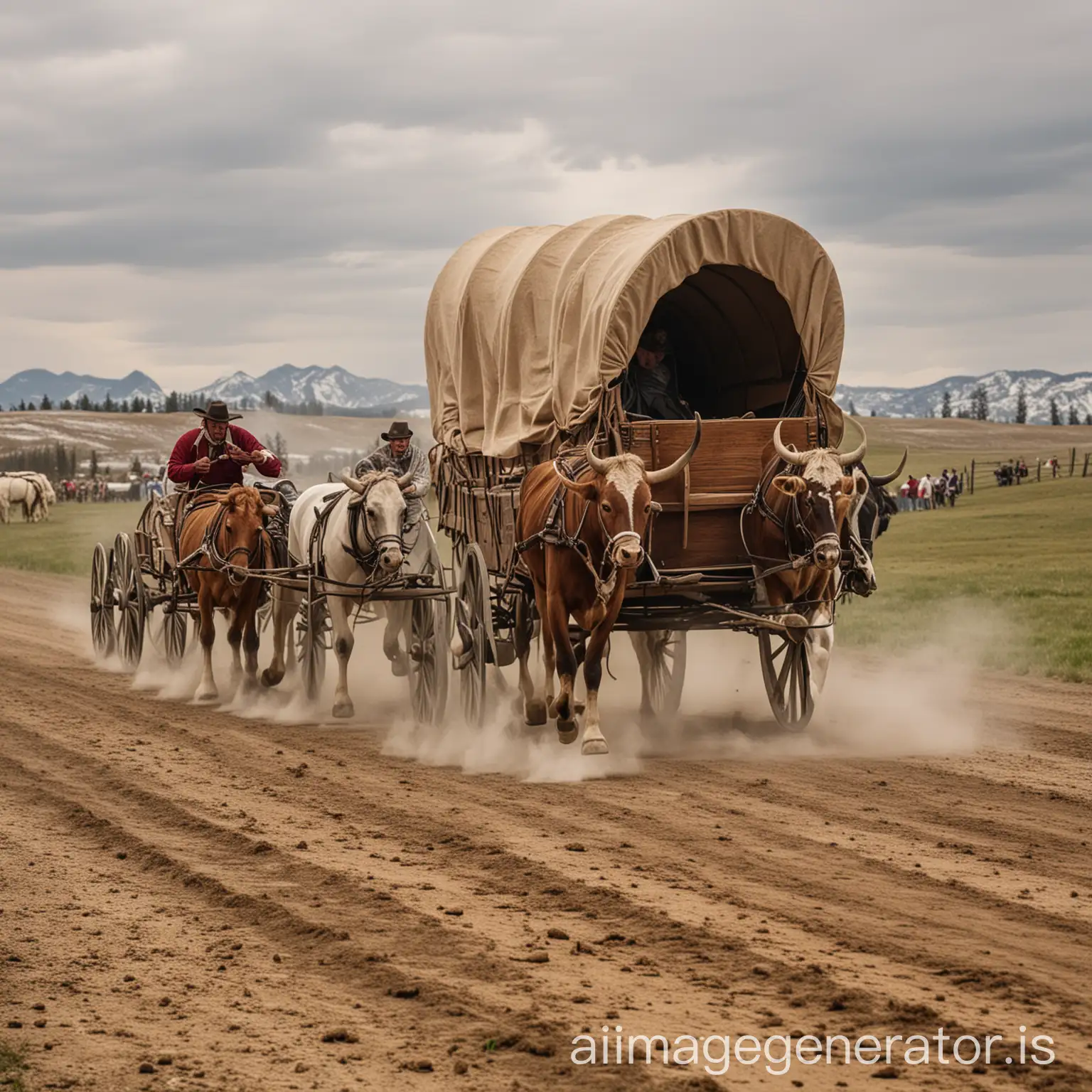 A covered wagon drawn by oxen races furiously toward the finish line in a covered wagon race