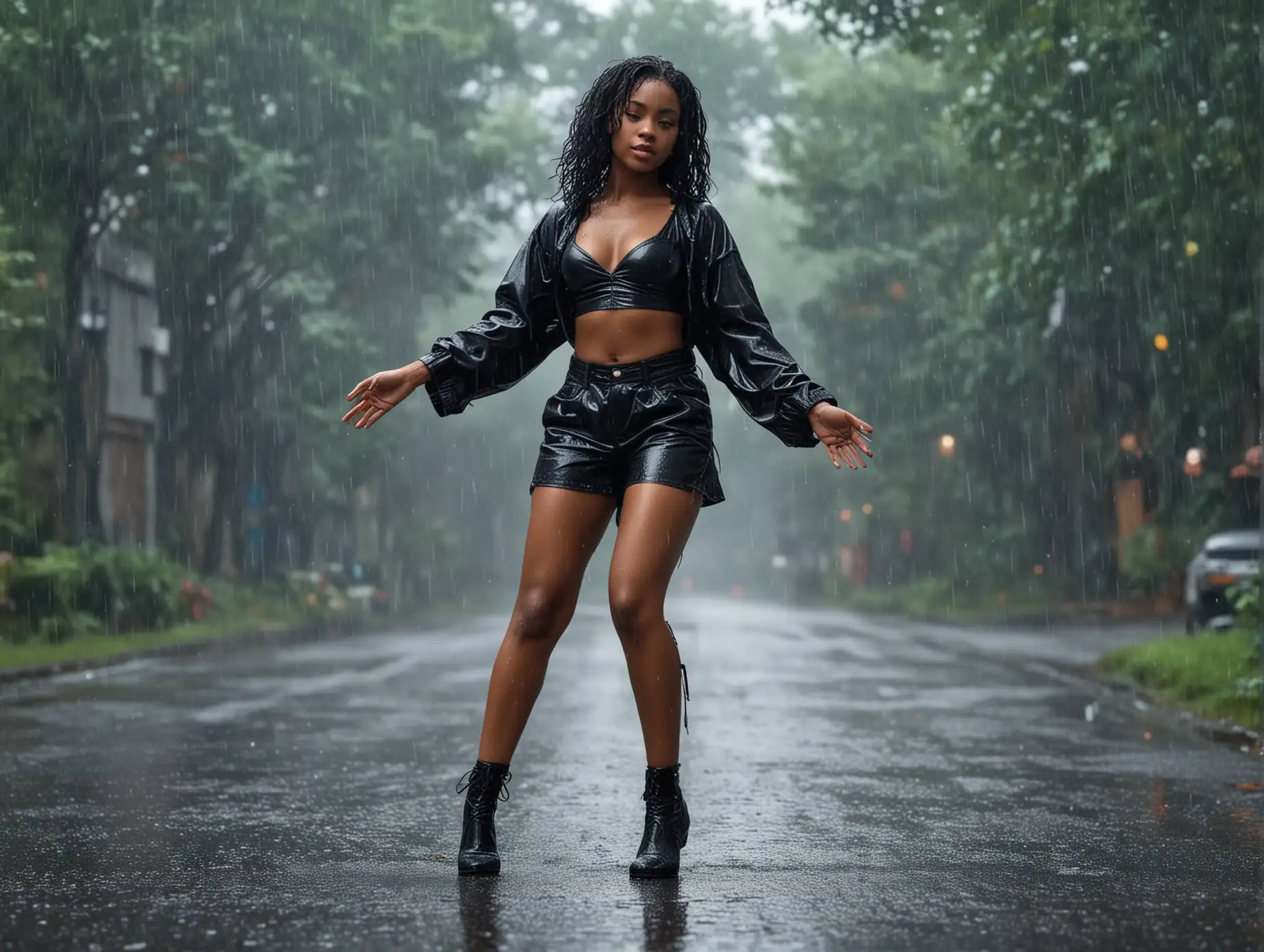 Vibrant Young Woman Dancing in the Rain with Elegance and Style