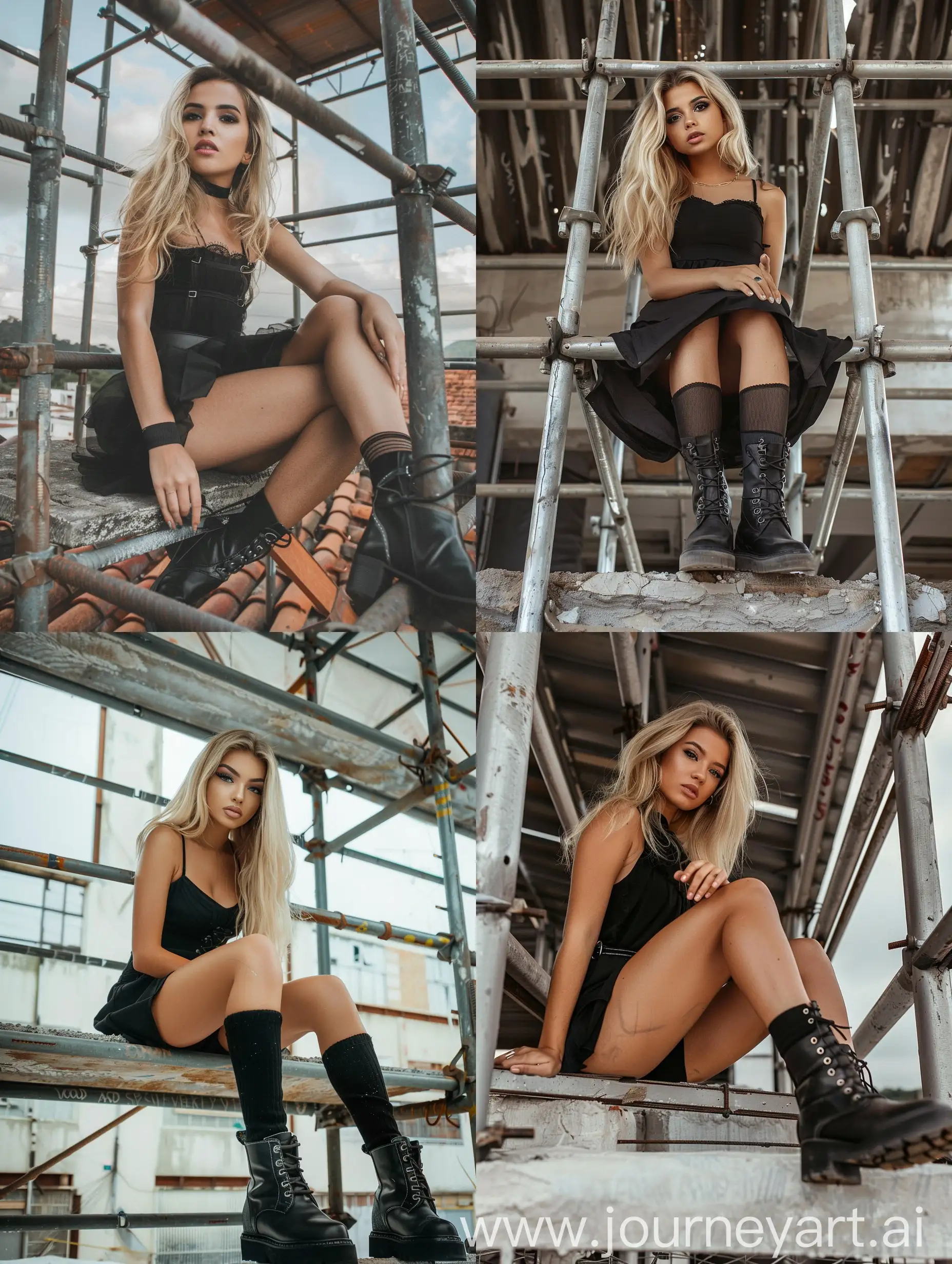 Stylish-Brazilian-Influencer-in-Black-Dress-on-Construction-Scaffold