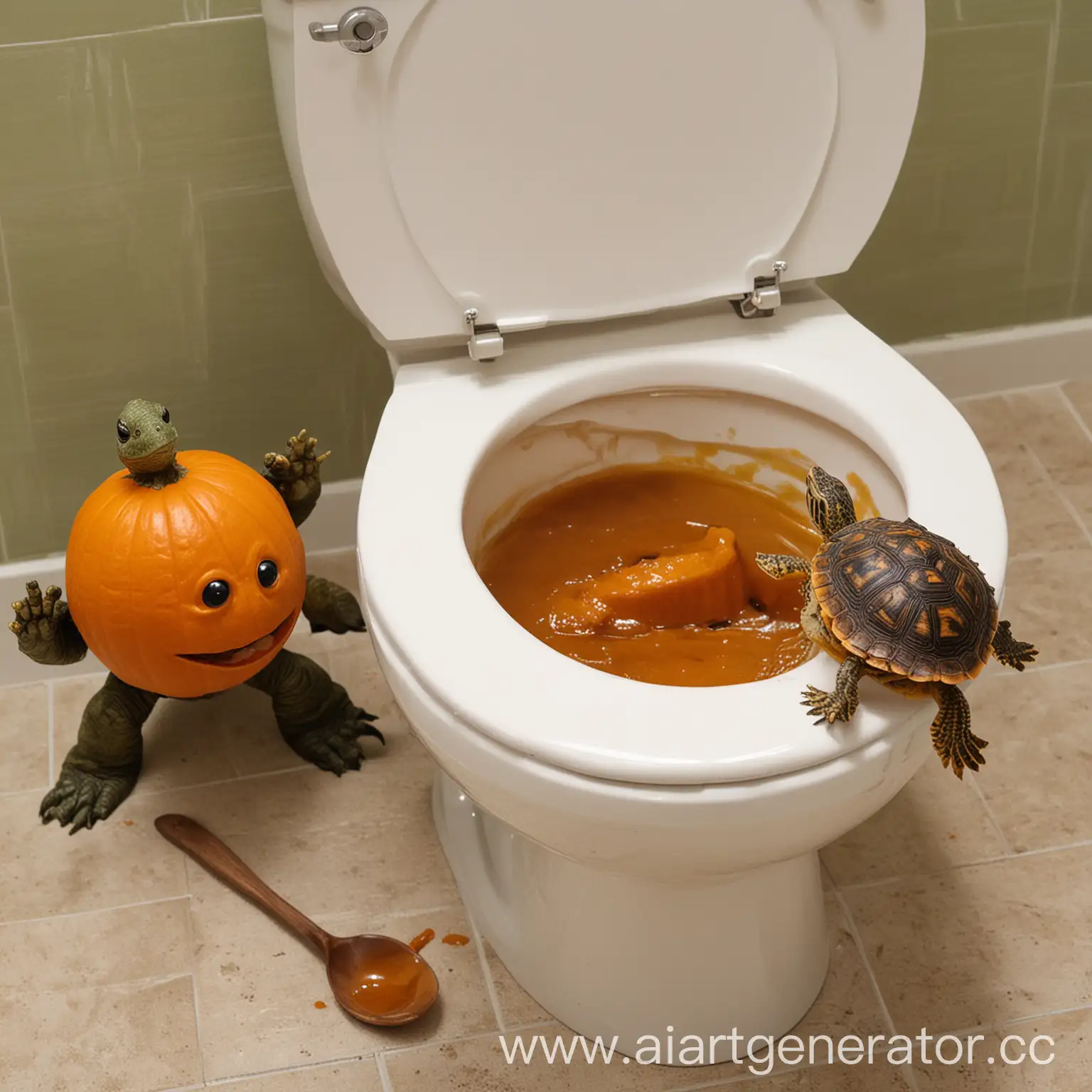 Playful-SciFi-Battle-Toilet-Showdown-for-Shitted-Spoon-with-Pumpkin-Turtle