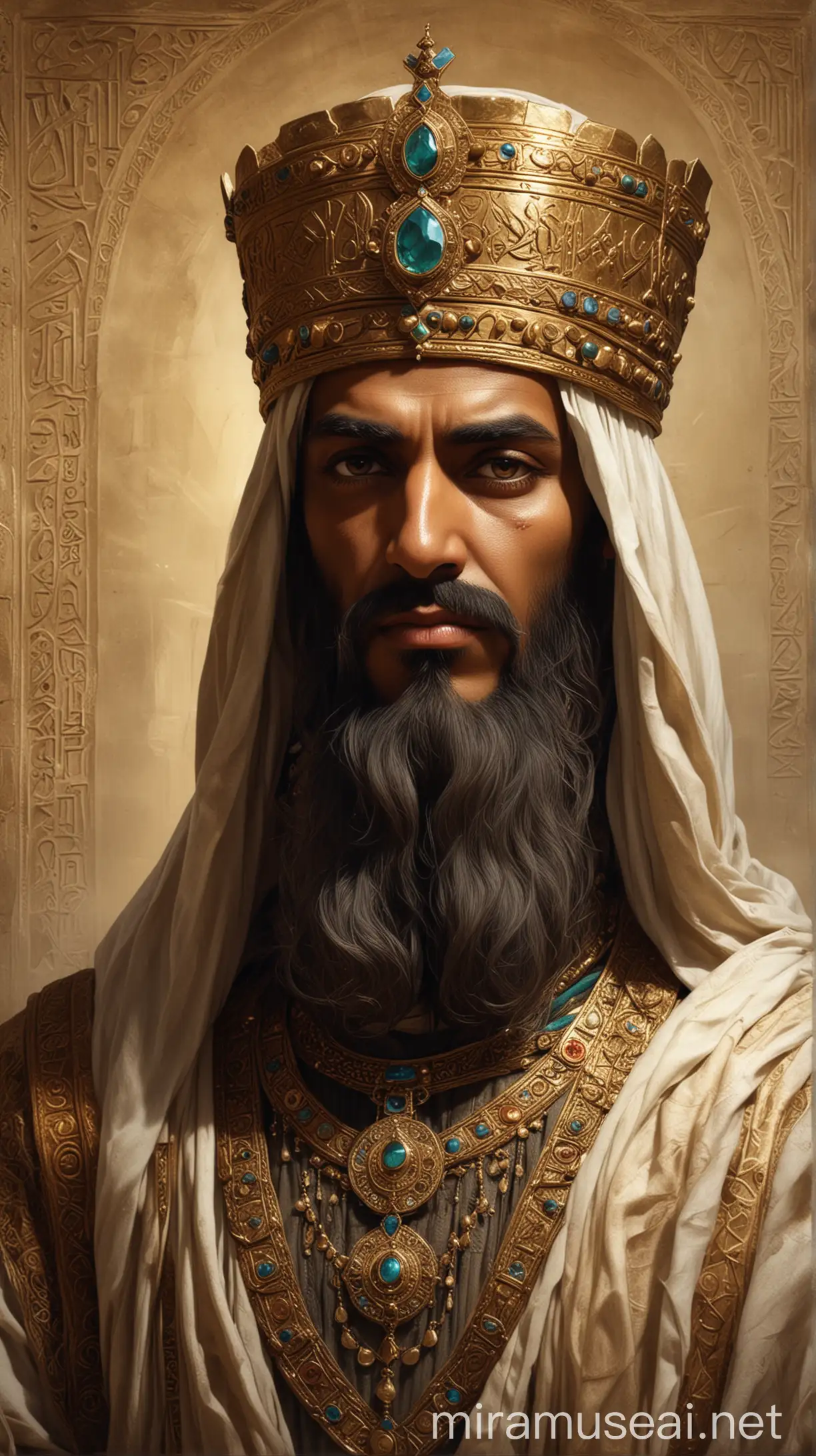 Create an image depicting an Arabian ancient king, Chushanrishathaim, with a stern and imposing appearance. He should be shown in a grand Mesopotamian palace, dressed in regal attire that reflects his power and authority. The setting should hint at the 12th century BC with appropriate historical details.in ancient world 