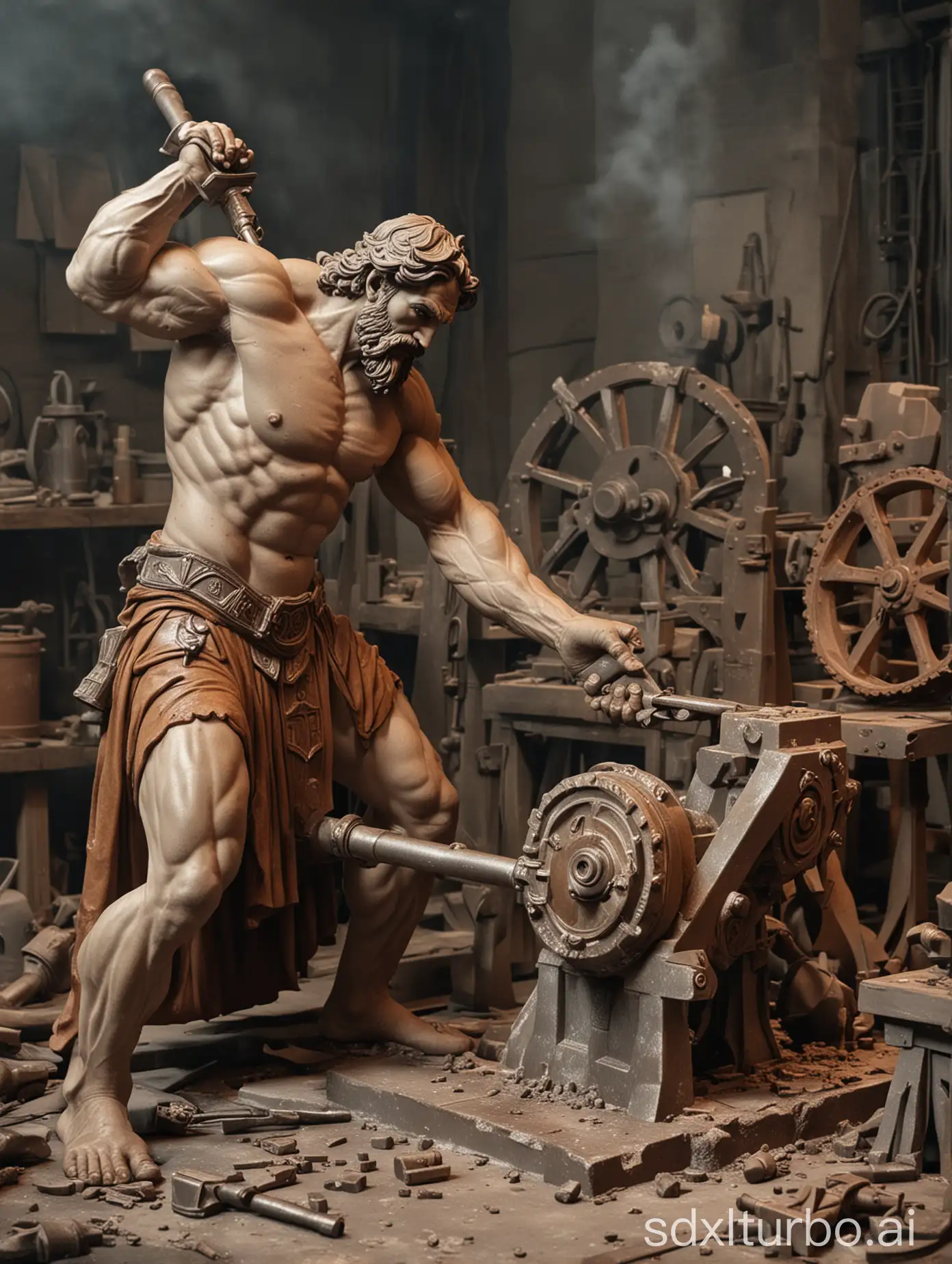 Hephaestus is forging a drill in the workshop, broken casting molds from the weapons of Zeus Hades and Poseidon are lying against the background
