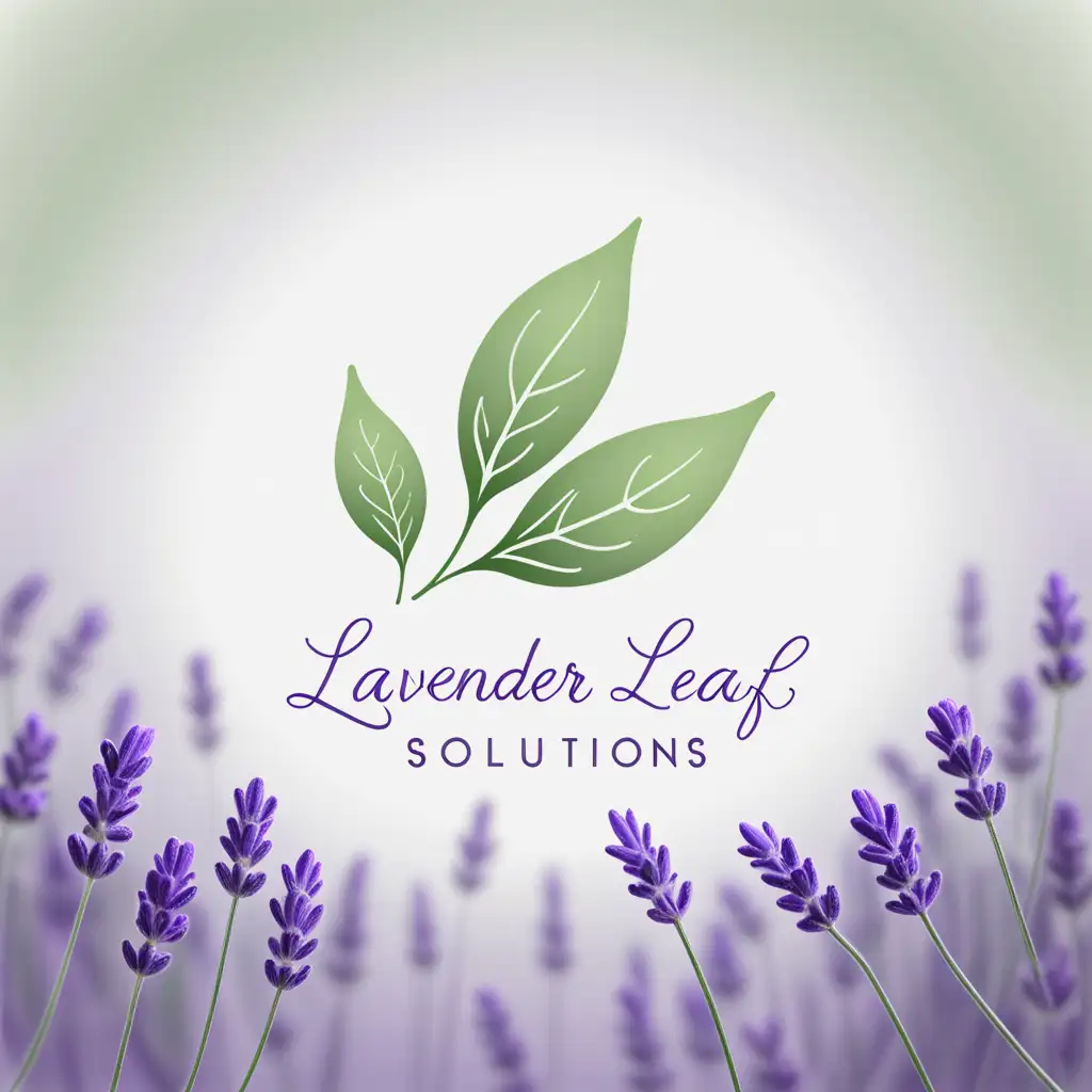 Create a logo of a lavender leaf floating in the air and the words Lavender Leaf Solutions written around it in a cursive font.