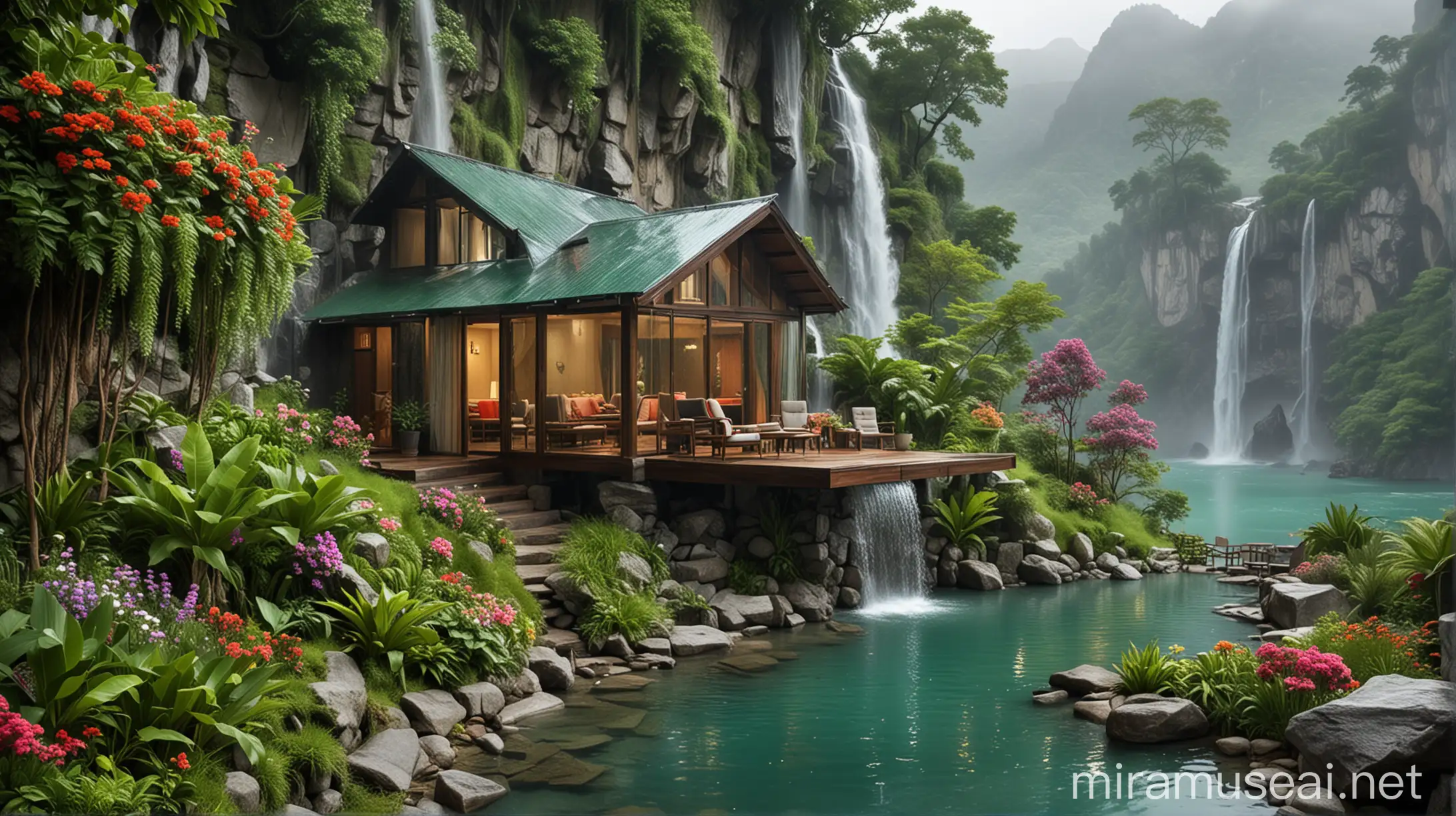 moonsoon rainy weather house at mountain with flowers and waterfall and sitting chairs a waterfall with a hut and a lake, in the style of 32k uhd, moonsoon emerald and green, colorful dreams, romantic riverscapes, beautiful scenery waterfall view, a lake, in the style of 32k uhd, green, colorful dreams, romantic riverscapes, swiss style, mist, highly polished surfaces Fantastic glass home with background waterfall in the mountain Modern home office seamlessly integrated into a lush jungle, cascading waterfall in the background rainy weather