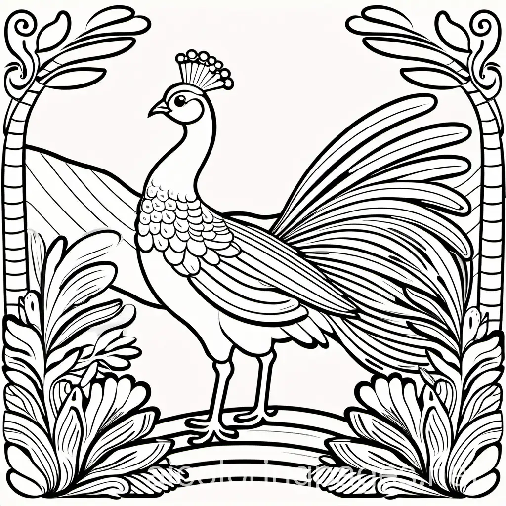 happy peecock  in the zoo
, Coloring Page, black and white, line art, white background, Simplicity, Ample White Space. The background of the coloring page is plain white to make it easy for young children to color within the lines. The outlines of all the subjects are easy to distinguish, making it simple for kids to color without too much difficulty