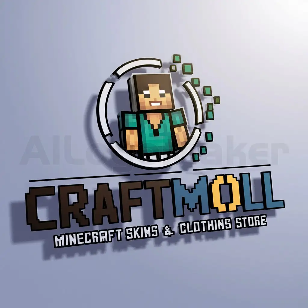 a logo design,with the text "CraftMoll", main symbol:logo for skins store for minecraft game in pixel style and very cool and beautiful so that it is clear that this is a skins and clothing store for minecraft shorter awesome with even straight and beautiful inscription,complex,clear background