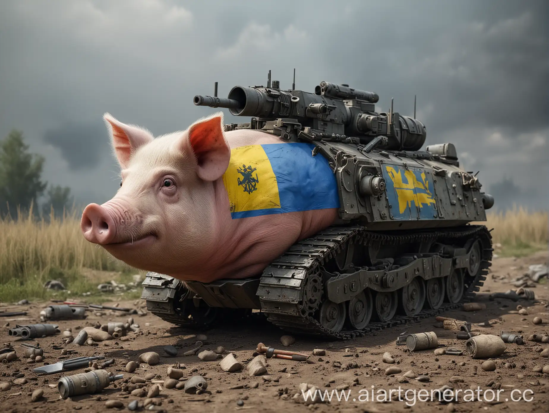 very realistic military ukraine pig, realistic pig, realistic war, ukraine flag, m4a1, weapons, gears