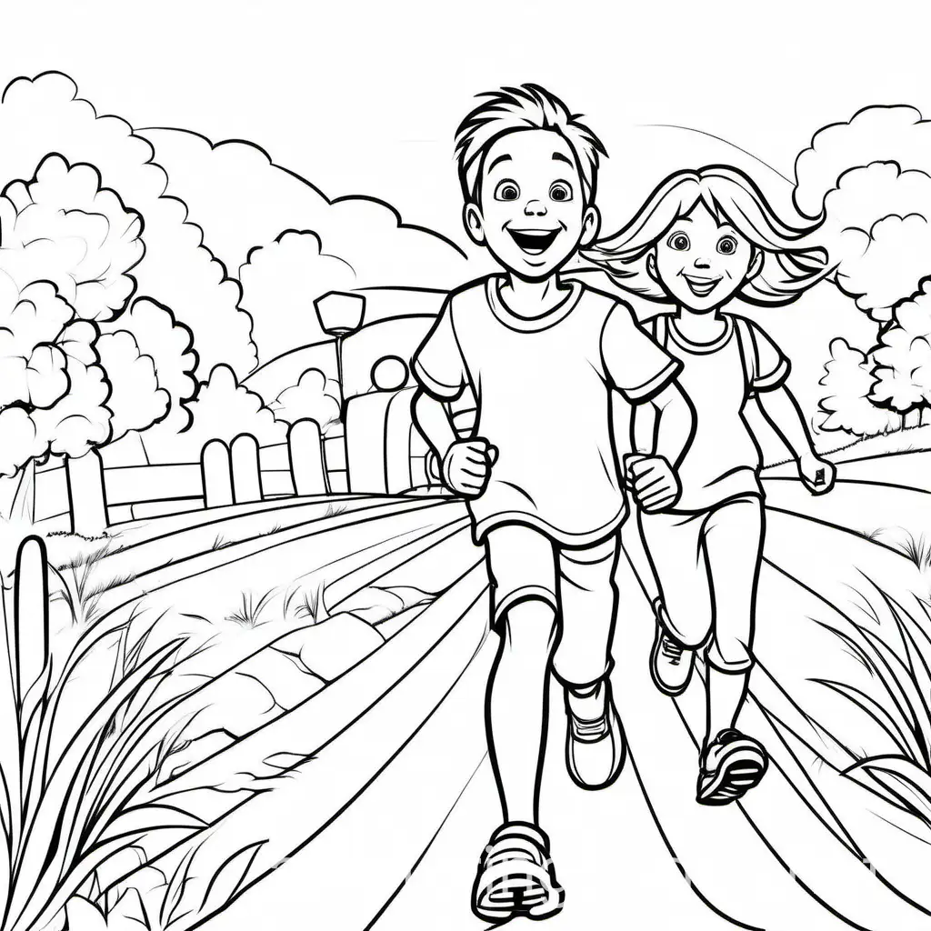 Boy and girl running smiling, Coloring Page, black and white, line art, white background, Simplicity, Ample White Space. The background of the coloring page is plain white to make it easy for young children to color within the lines. The outlines of all the subjects are easy to distinguish, making it simple for kids to color without too much difficulty